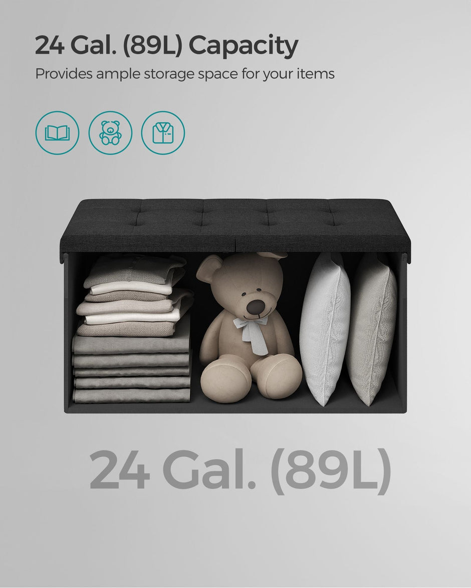 Storage Ottoman – Fabric – Ink Black – Flipping Lid and Foldable Design