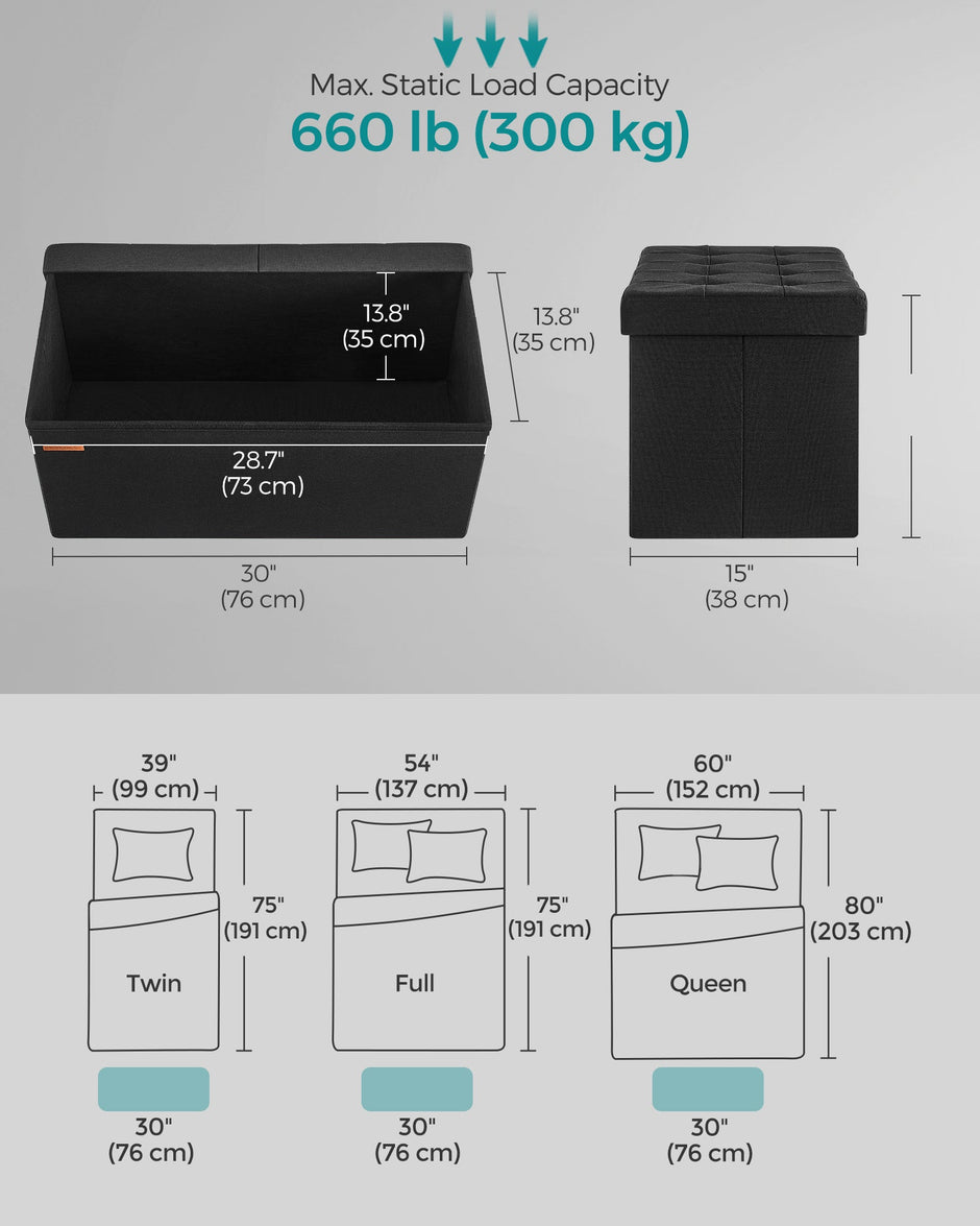 Storage Ottoman – Fabric – Ink Black – Flipping Lid and Foldable Design