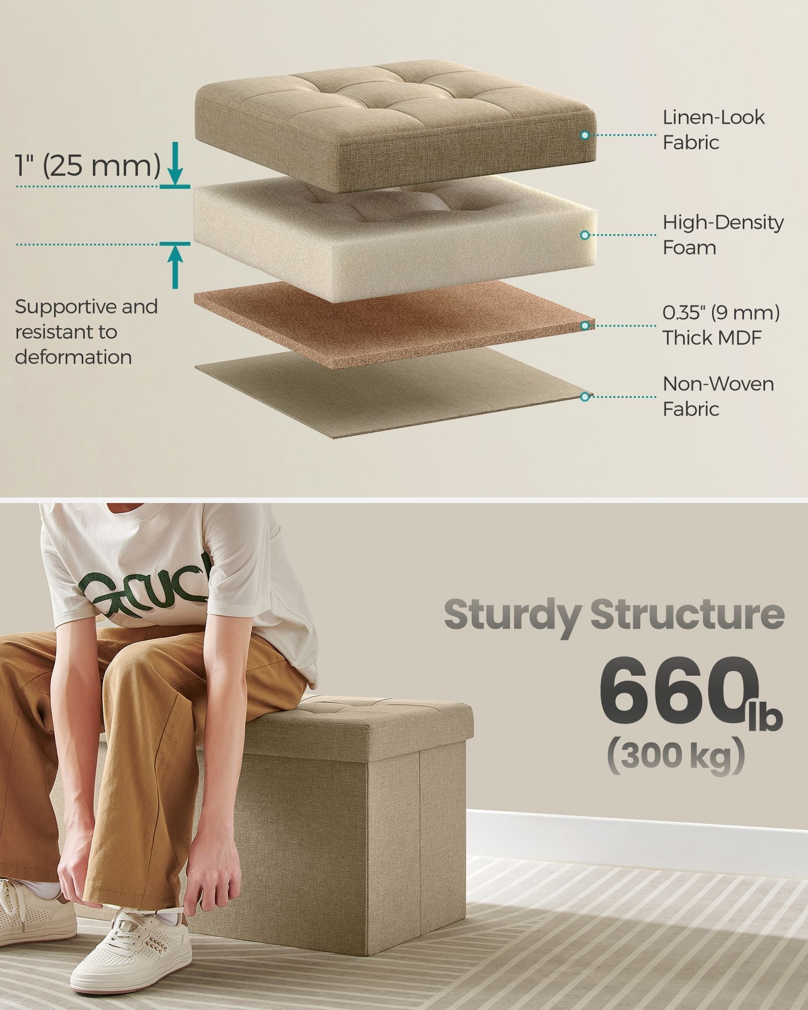 Foldable Storage Ottoman – Fabric – Camel Brown – Versatile Footstool with Flipping Lid