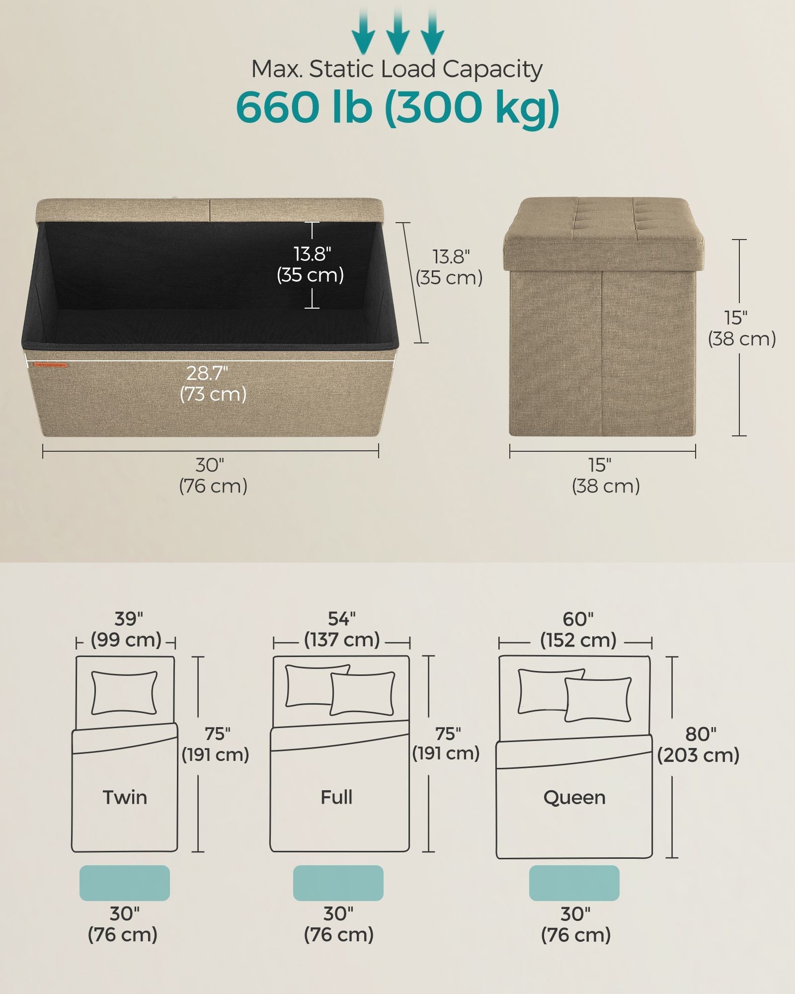 Foldable Storage Ottoman – Fabric – Camel Brown – Versatile Footstool with Flipping Lid