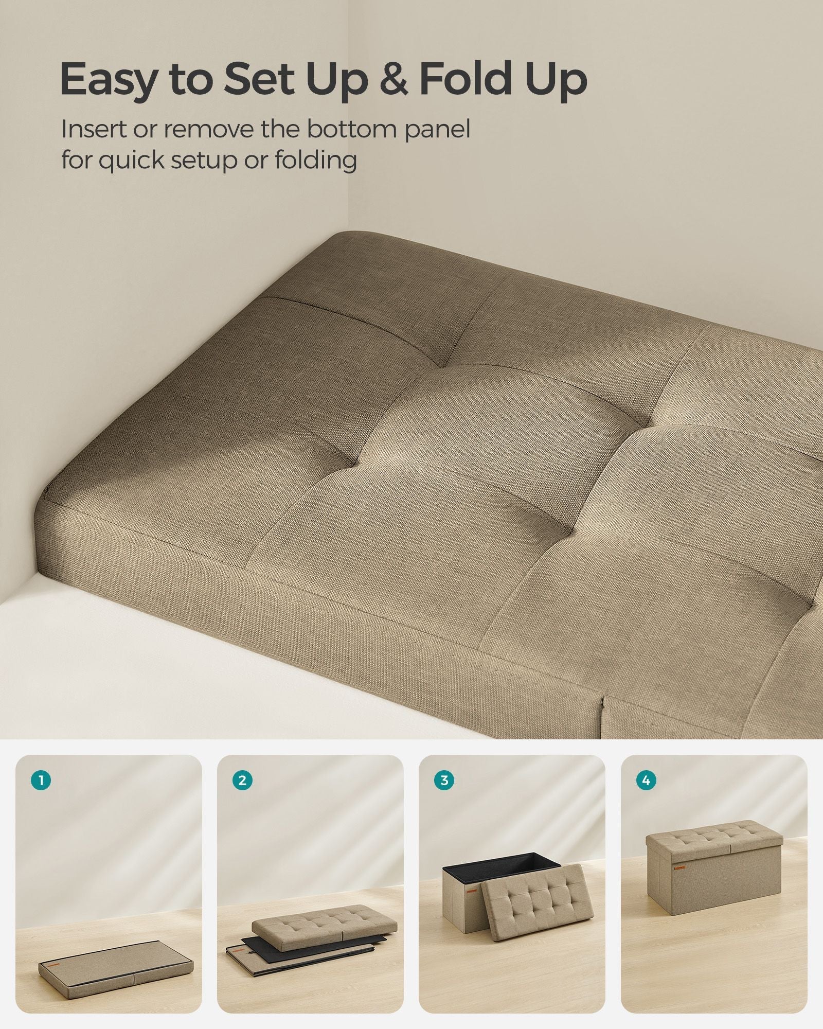 Foldable Storage Ottoman – Fabric – Camel Brown – Versatile Footstool with Flipping Lid