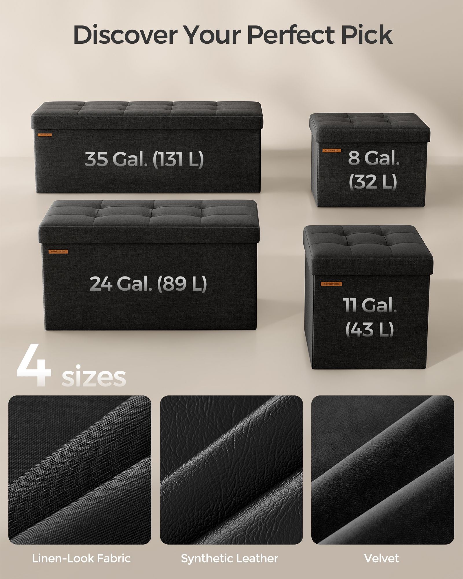 Foldable Small Storage Ottoman – Fabric – Ink Black – Multi-Functional Footrest with 300 kg Load Capacity