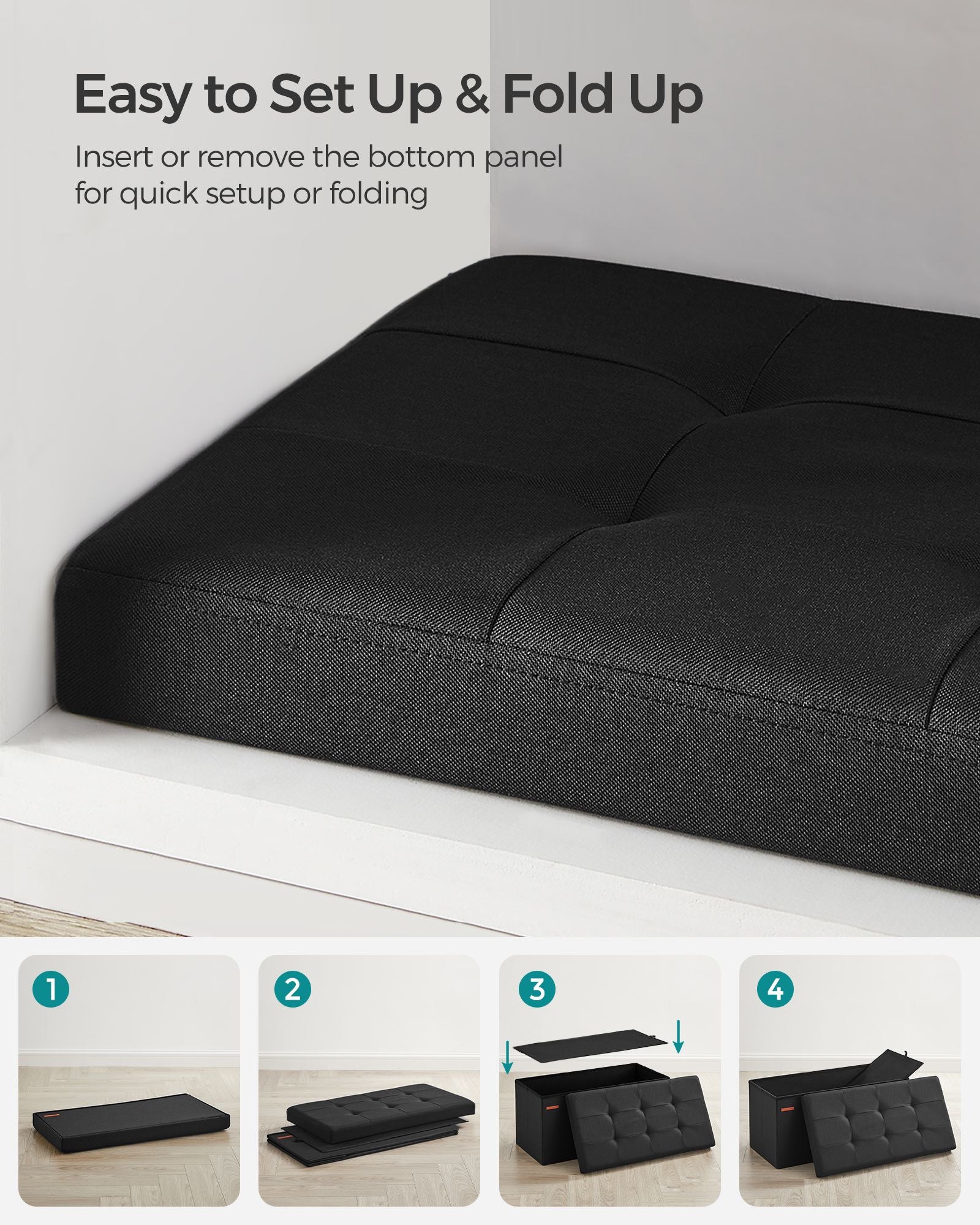 Foldable Small Storage Ottoman – Fabric – Ink Black – Multi-Functional Footrest with 300 kg Load Capacity