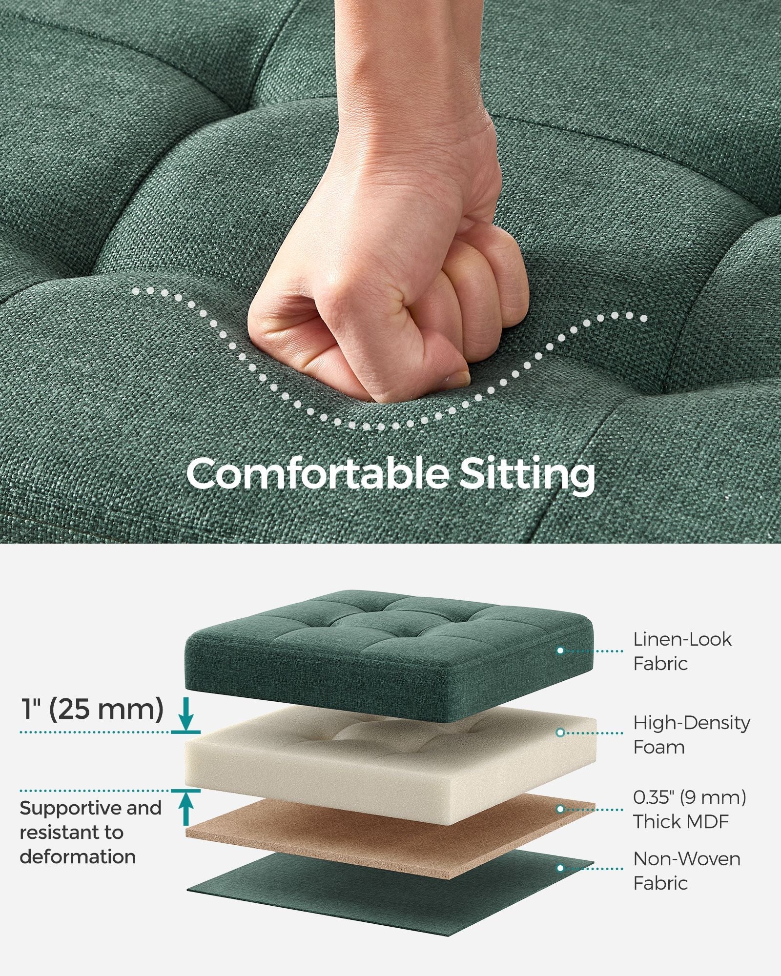 Foldable Storage Ottoman – Fabric – Retro Green – Cube Design with Storage