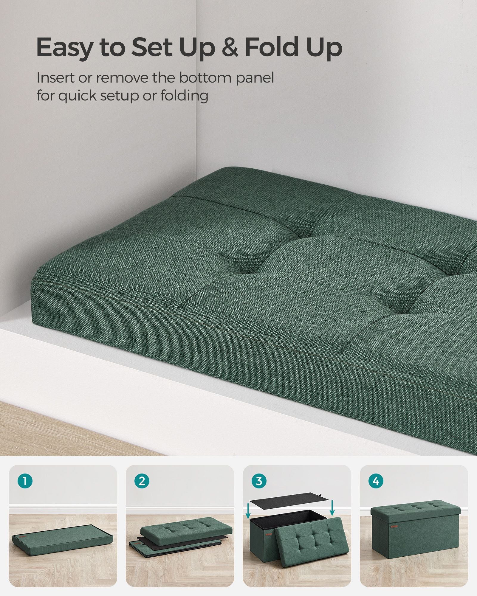 Foldable Storage Ottoman – Fabric – Retro Green – Cube Design with Storage
