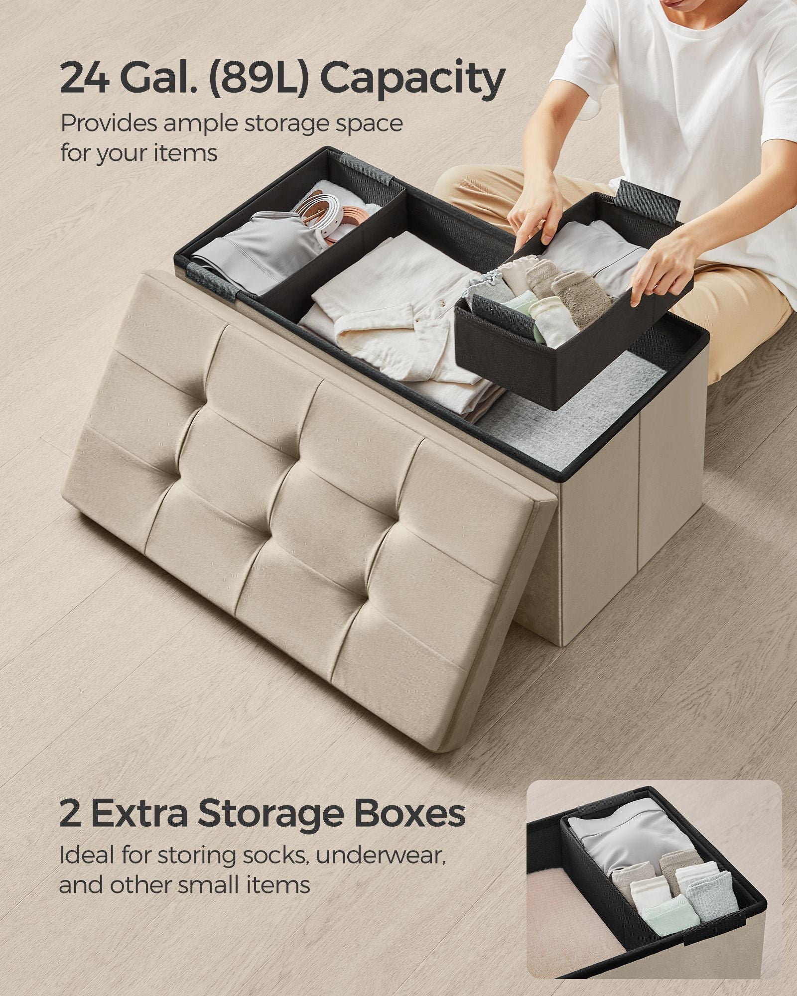 Foldable Storage Ottoman – Fabric – Camel Brown – Compact Design with High Load Capacity