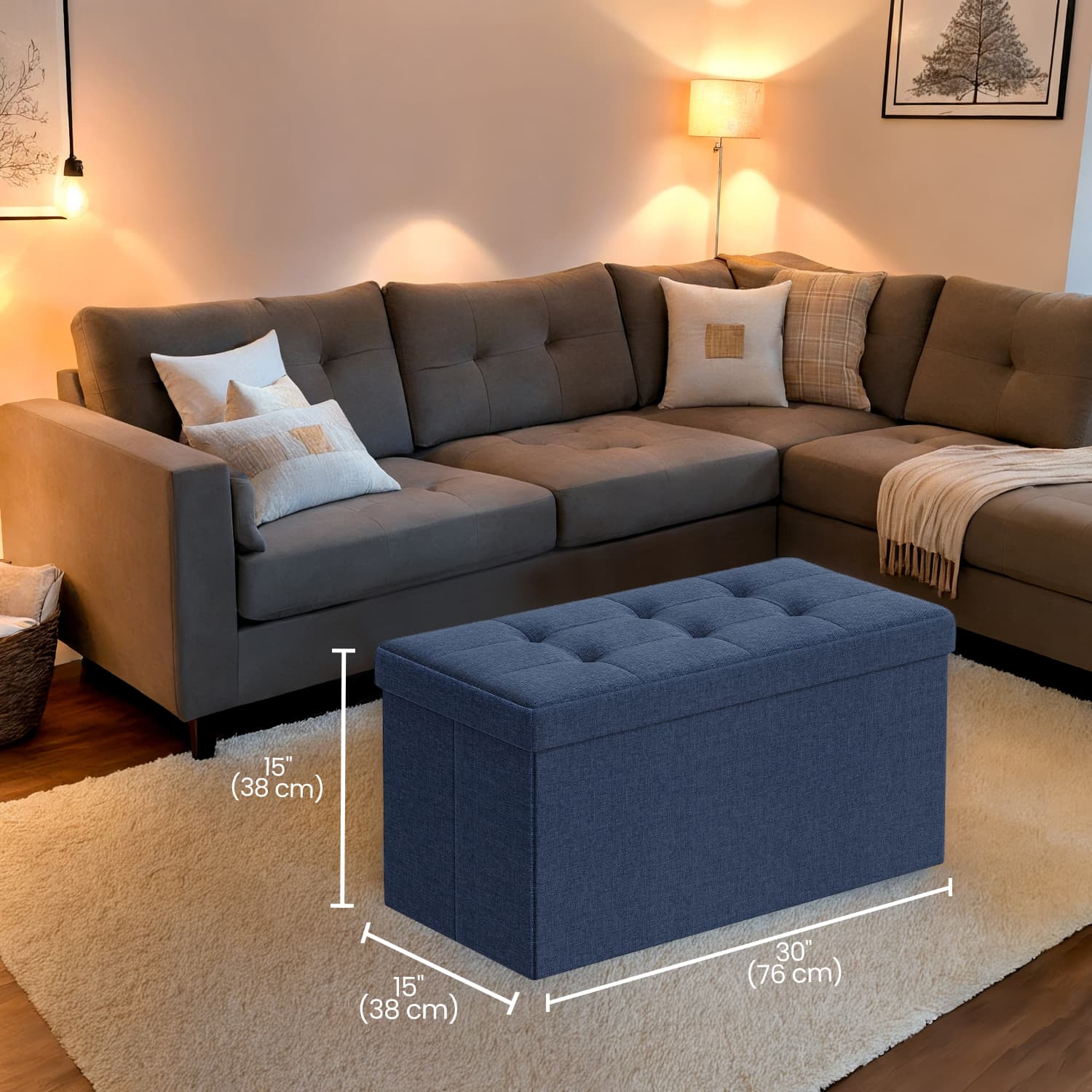Storage Ottoman Bench – Fabric – Ink Black – Foldable with Storage