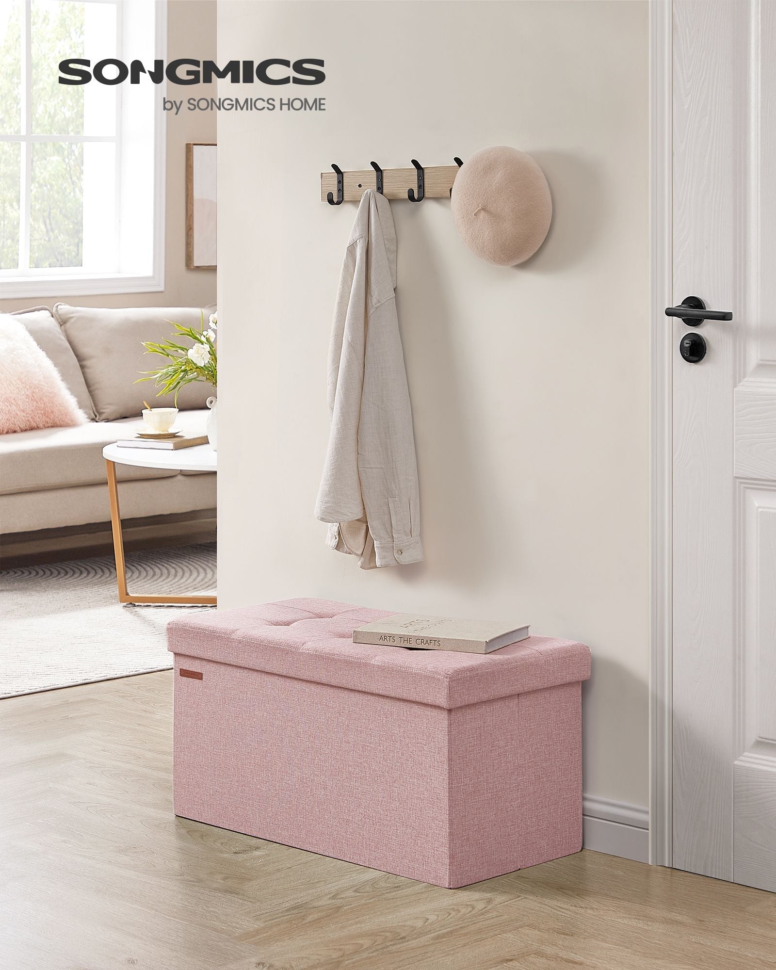Foldable Storage Ottoman – Fabric – Jelly Pink – Compact Design with Storage