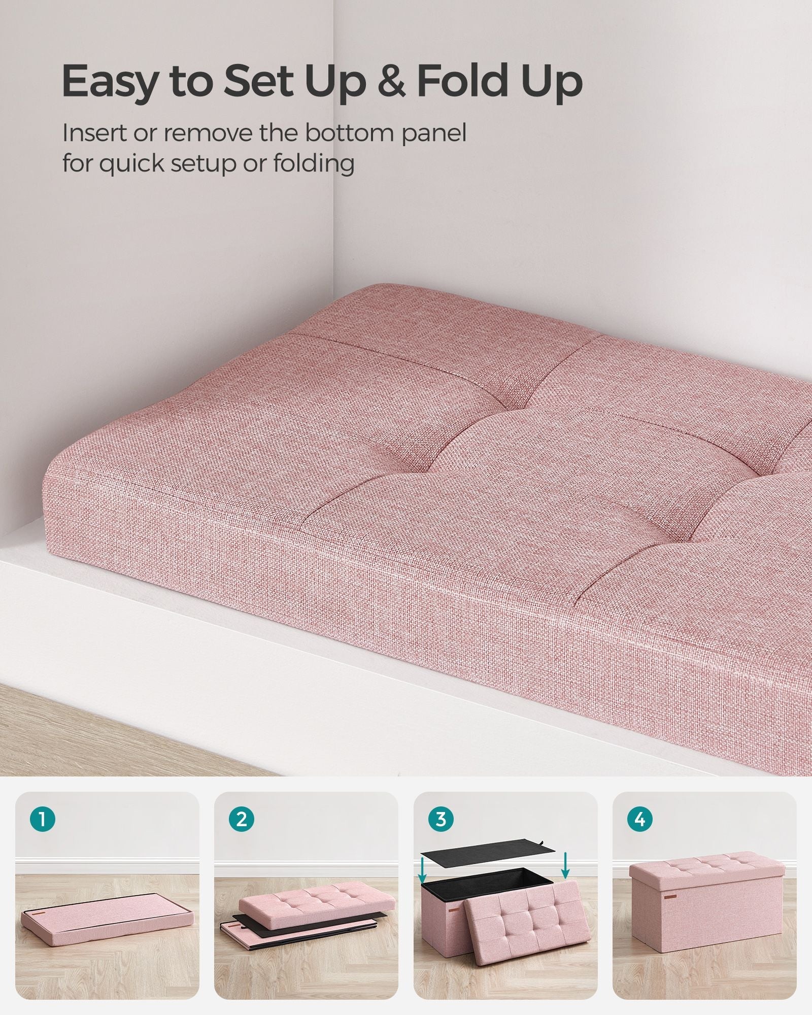 Foldable Storage Ottoman – Fabric – Jelly Pink – Compact Design with Storage