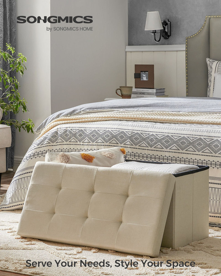 Foldable Storage Ottoman – Fabric – Cream White – Space-Saving Design