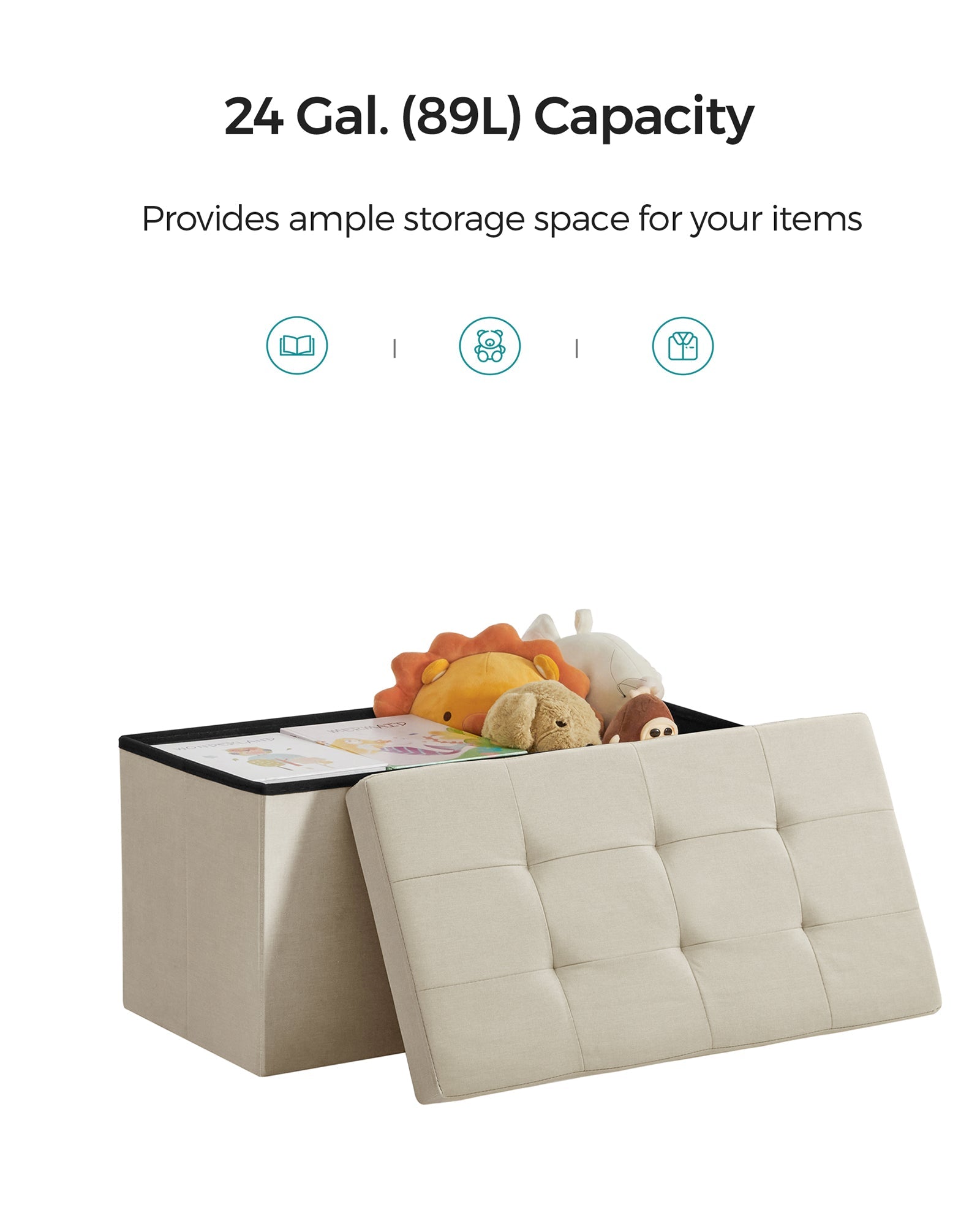 Foldable Storage Ottoman – Fabric – Cream White – Space-Saving Design