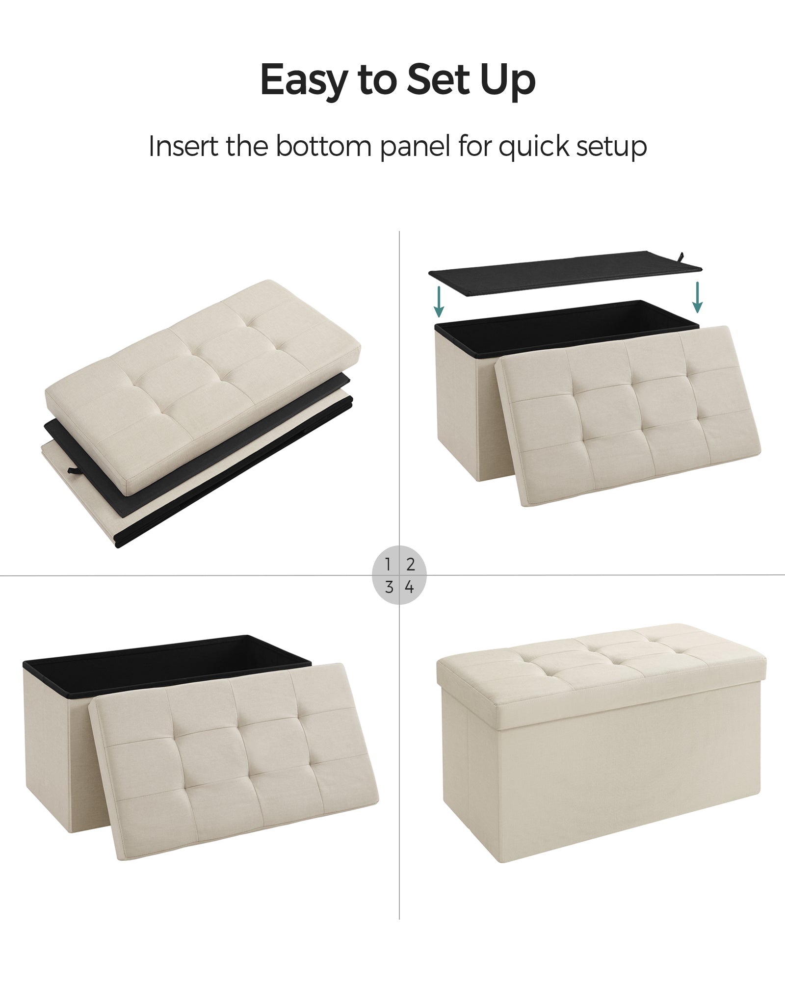Foldable Storage Ottoman – Fabric – Cream White – Space-Saving Design