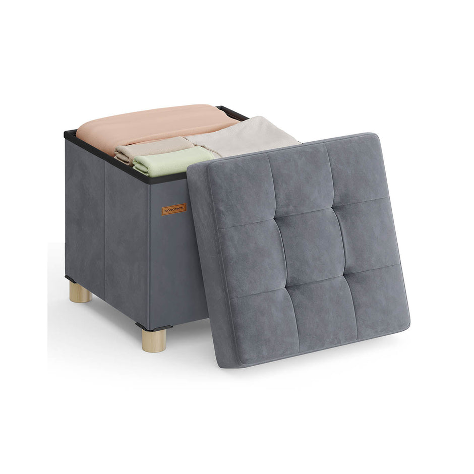 Storage Ottoman – Velvet – Slate Grey – Folding Design with Lid