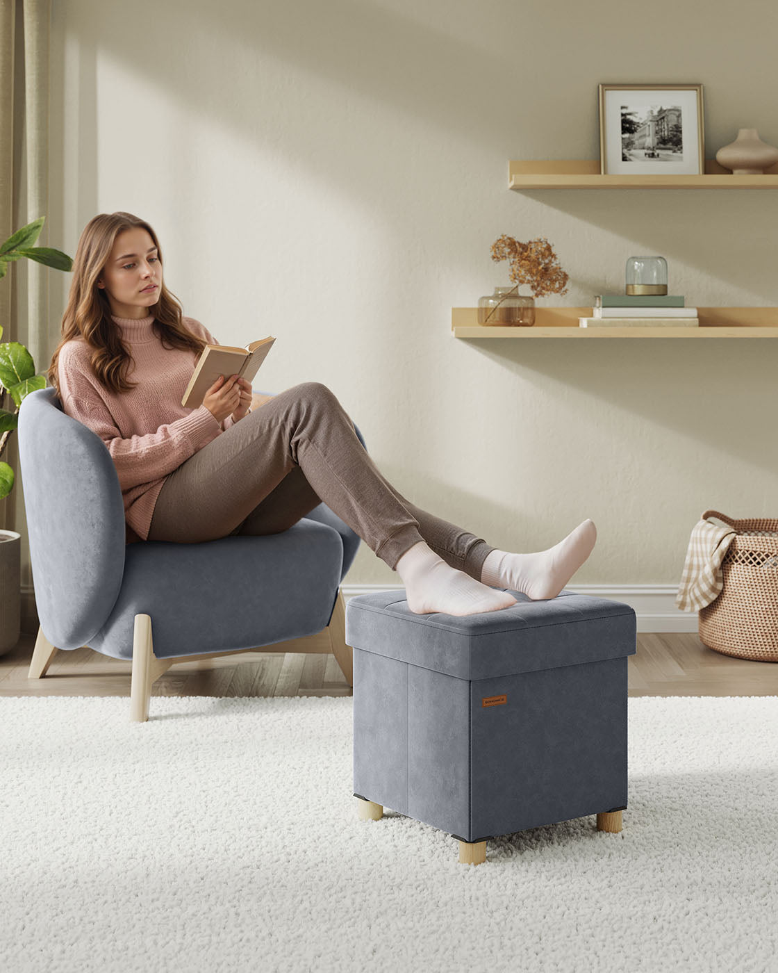 Storage Ottoman – Velvet – Slate Grey – Folding Design with Lid