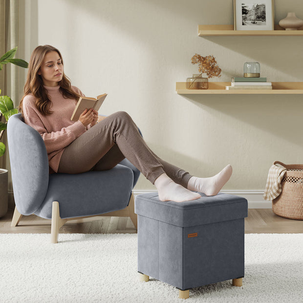 Storage Ottoman – Velvet – Slate Grey – Folding Design with Lid