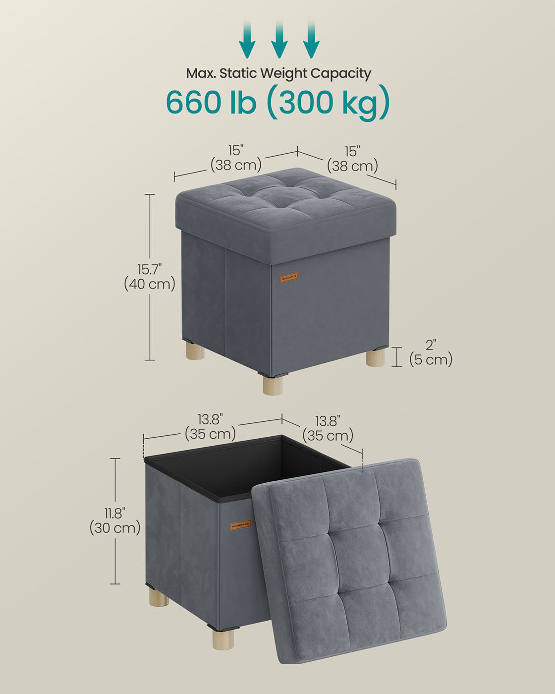 Storage Ottoman – Velvet – Slate Grey – Folding Design with Lid