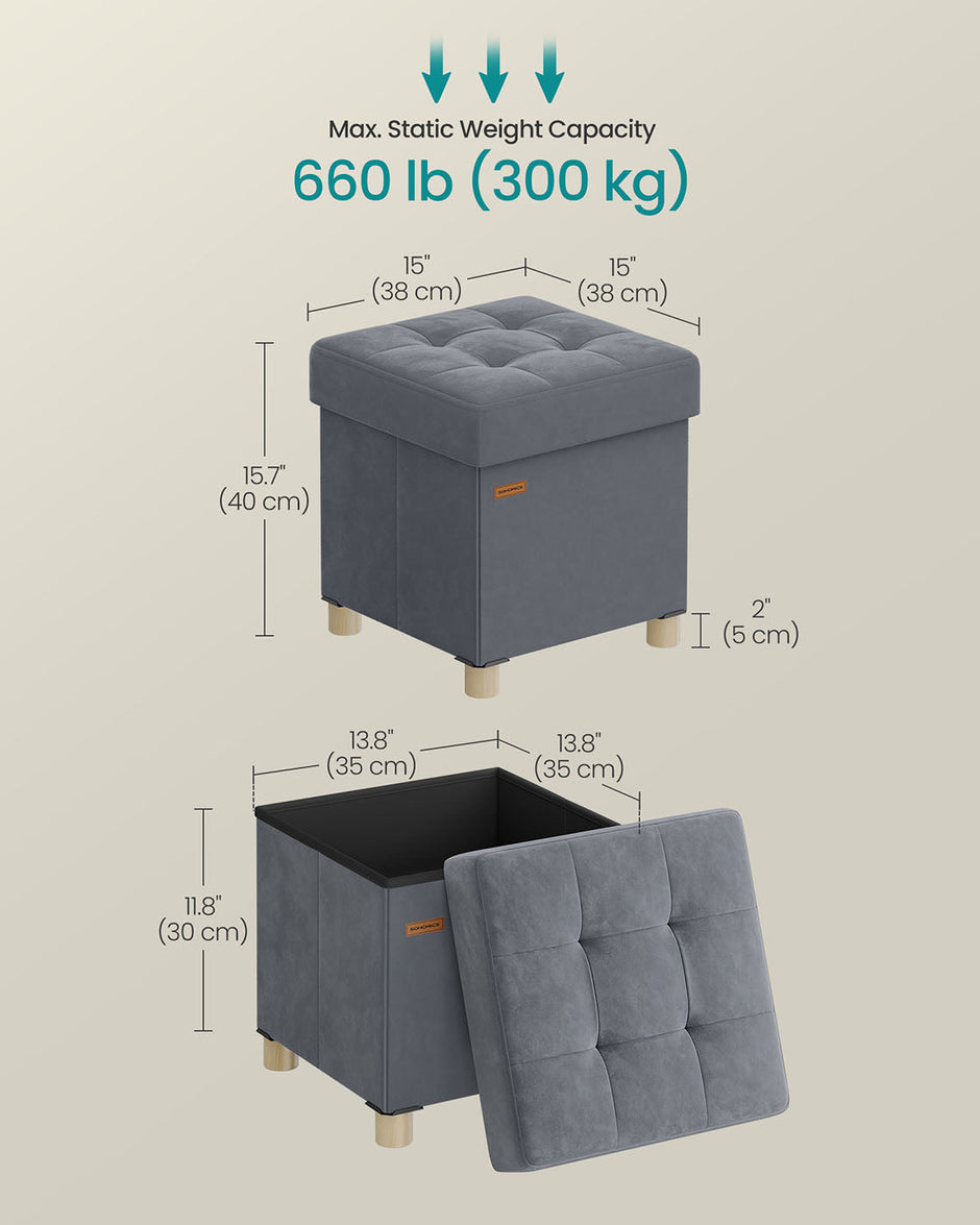 Storage Ottoman – Velvet – Slate Grey – Folding Design with Lid