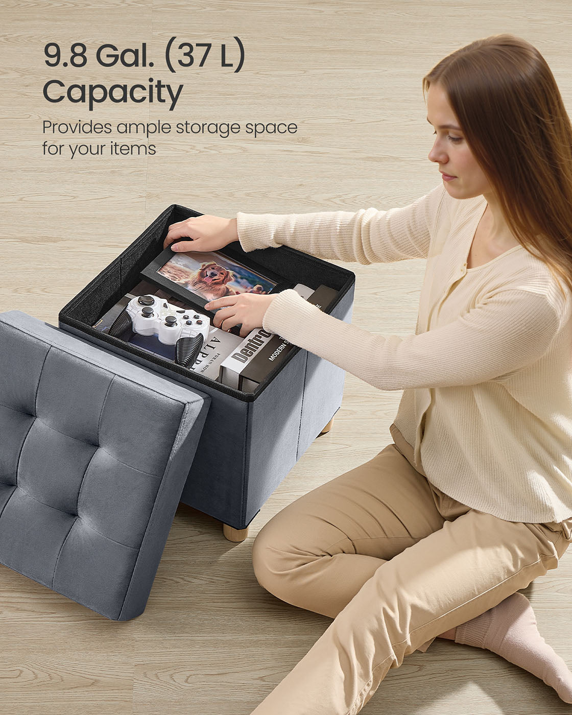 Storage Ottoman – Velvet – Slate Grey – Folding Design with Lid