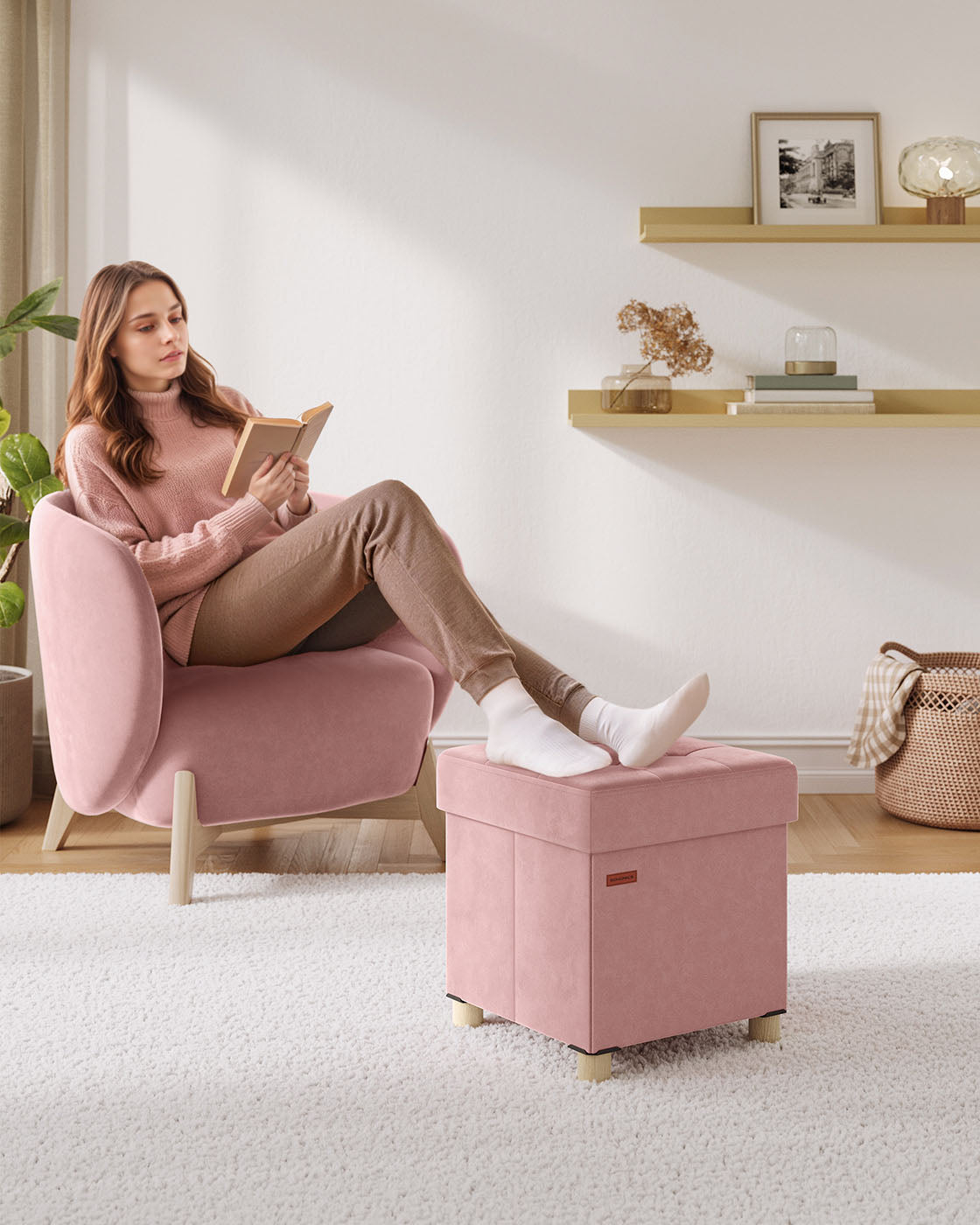Storage Ottoman – Velvet – Jelly Pink – Folding with Lid, 37 L