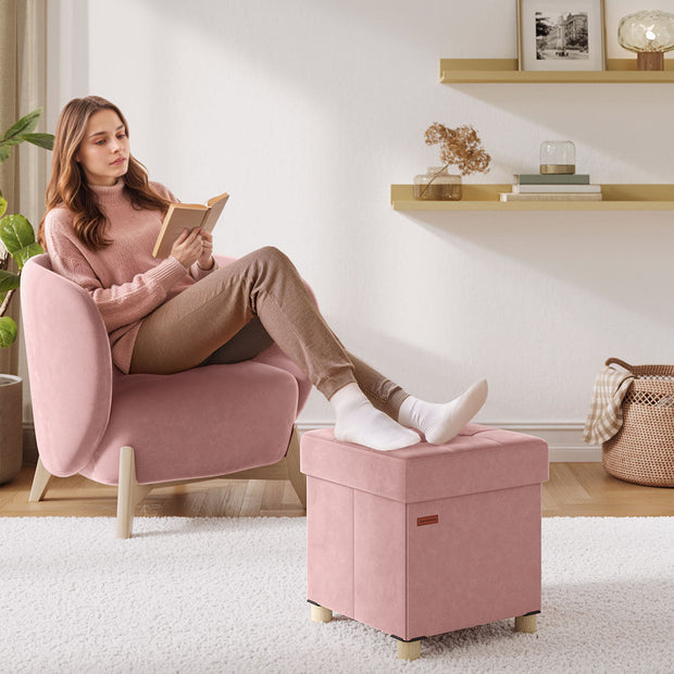 Storage Ottoman – Velvet – Jelly Pink – Folding with Lid, 37 L