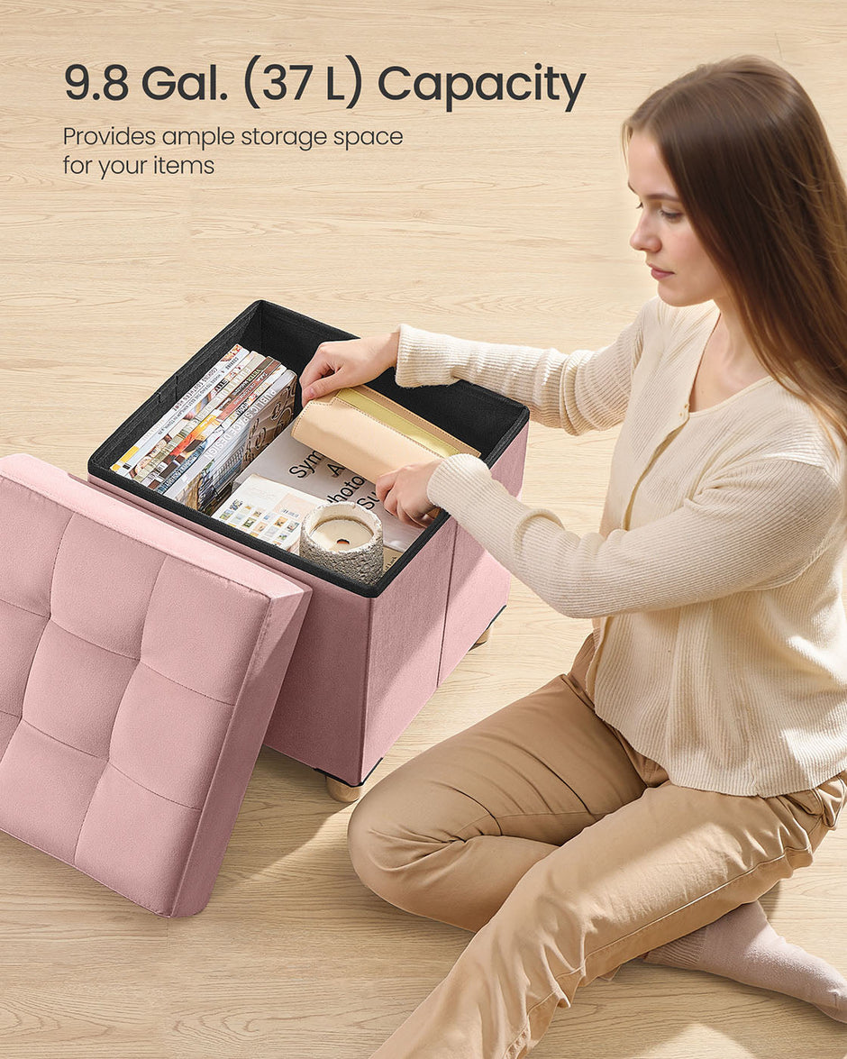 Storage Ottoman – Velvet – Jelly Pink – Folding with Lid, 37 L