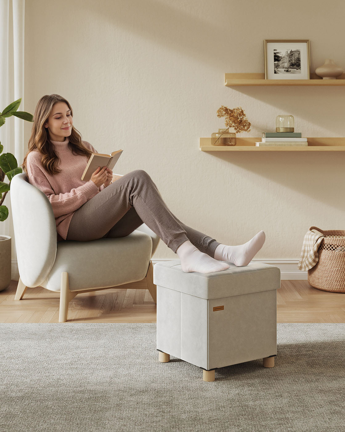 Storage Ottoman – Velvet – Cappuccino Beige – Folding with Lid, 37 L