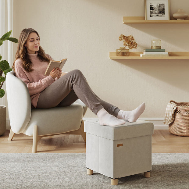Storage Ottoman – Velvet – Cappuccino Beige – Folding with Lid, 37 L
