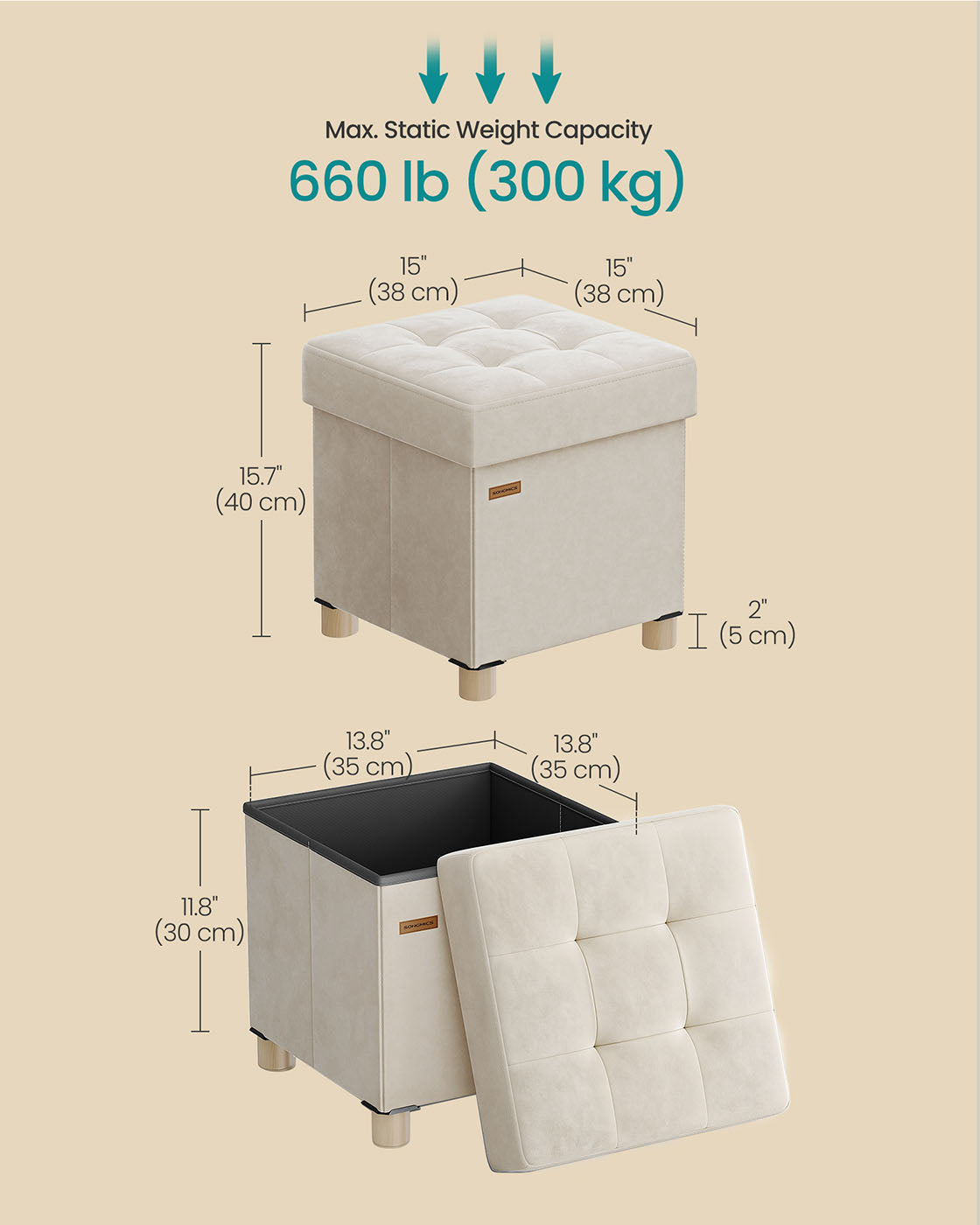 Storage Ottoman – Velvet – Cappuccino Beige – Folding with Lid, 37 L