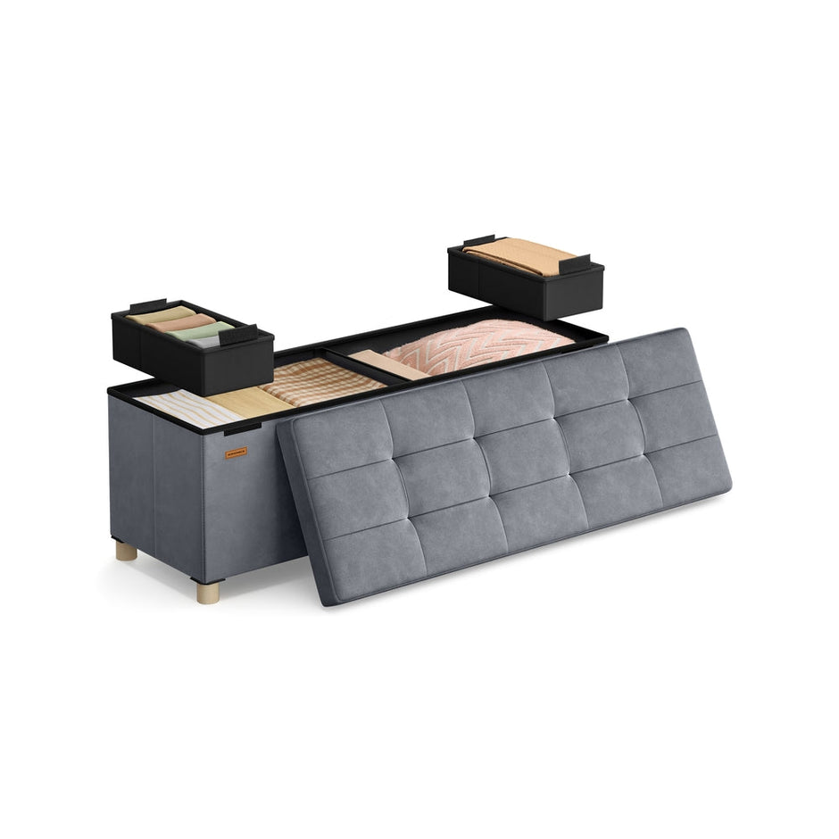 Storage Ottoman – Velvet – Slate Grey – Folding Design with Lid and 112 L Capacity