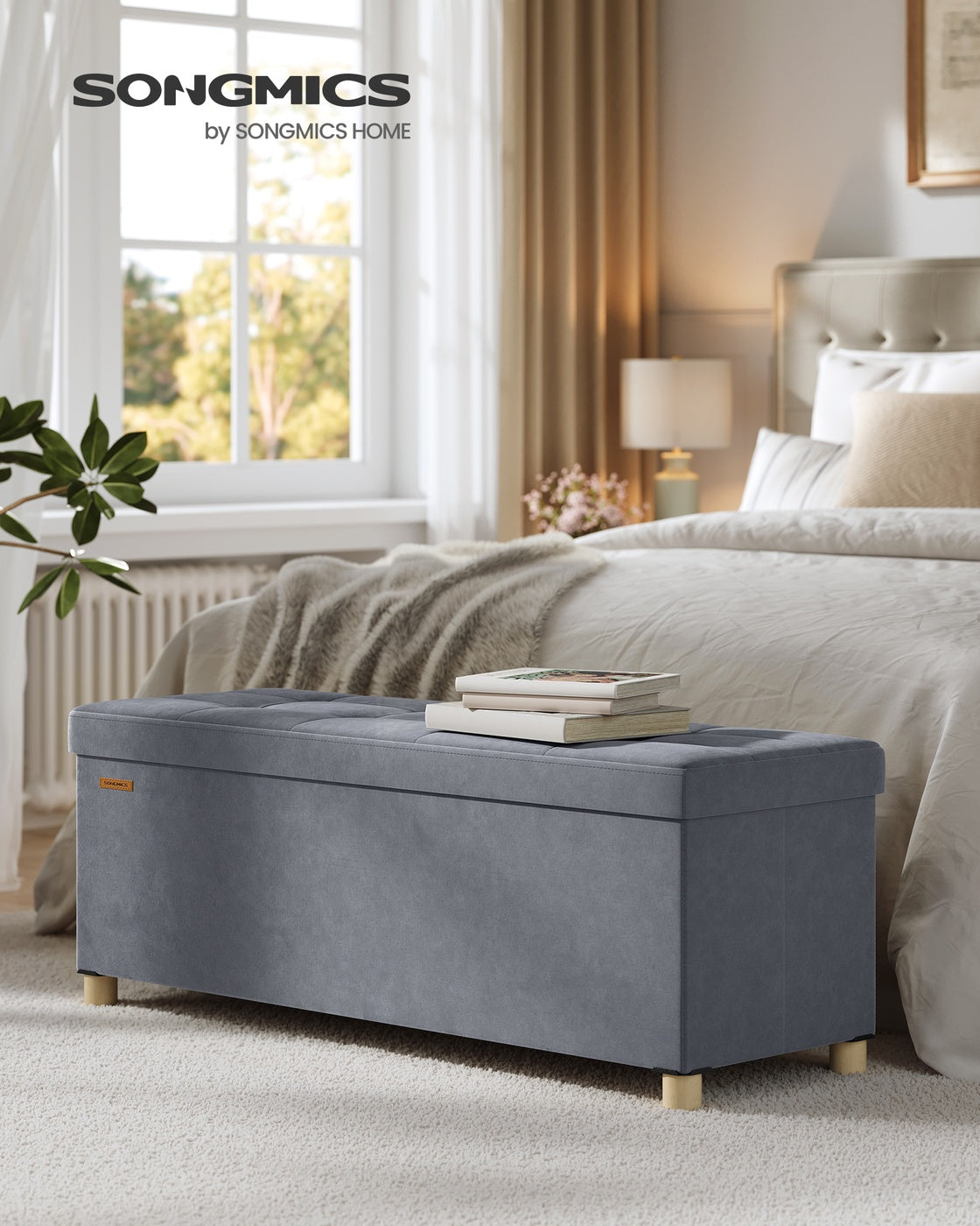 Storage Ottoman – Velvet – Slate Grey – Folding Design with Lid and 112 L Capacity
