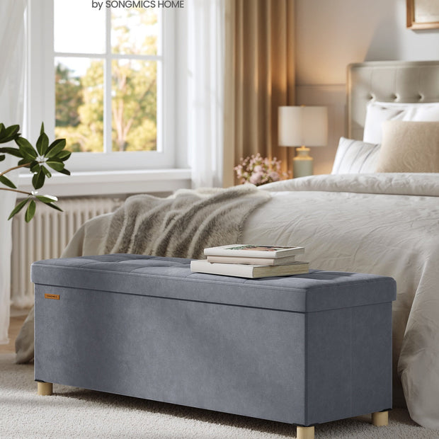 Storage Ottoman – Velvet – Slate Grey – Folding Design with Lid and 112 L Capacity