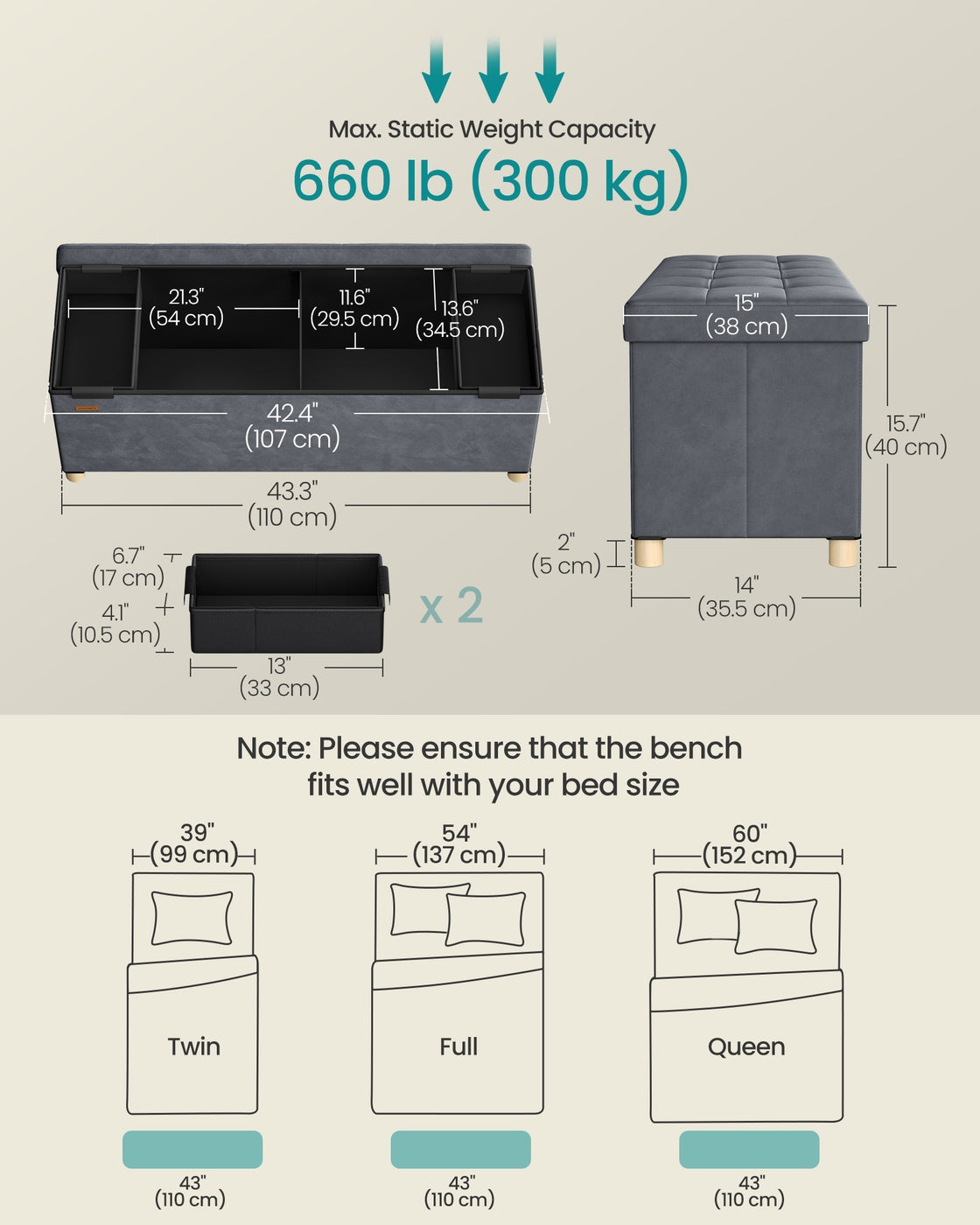 Storage Ottoman – Velvet – Slate Grey – Folding Design with Lid and 112 L Capacity