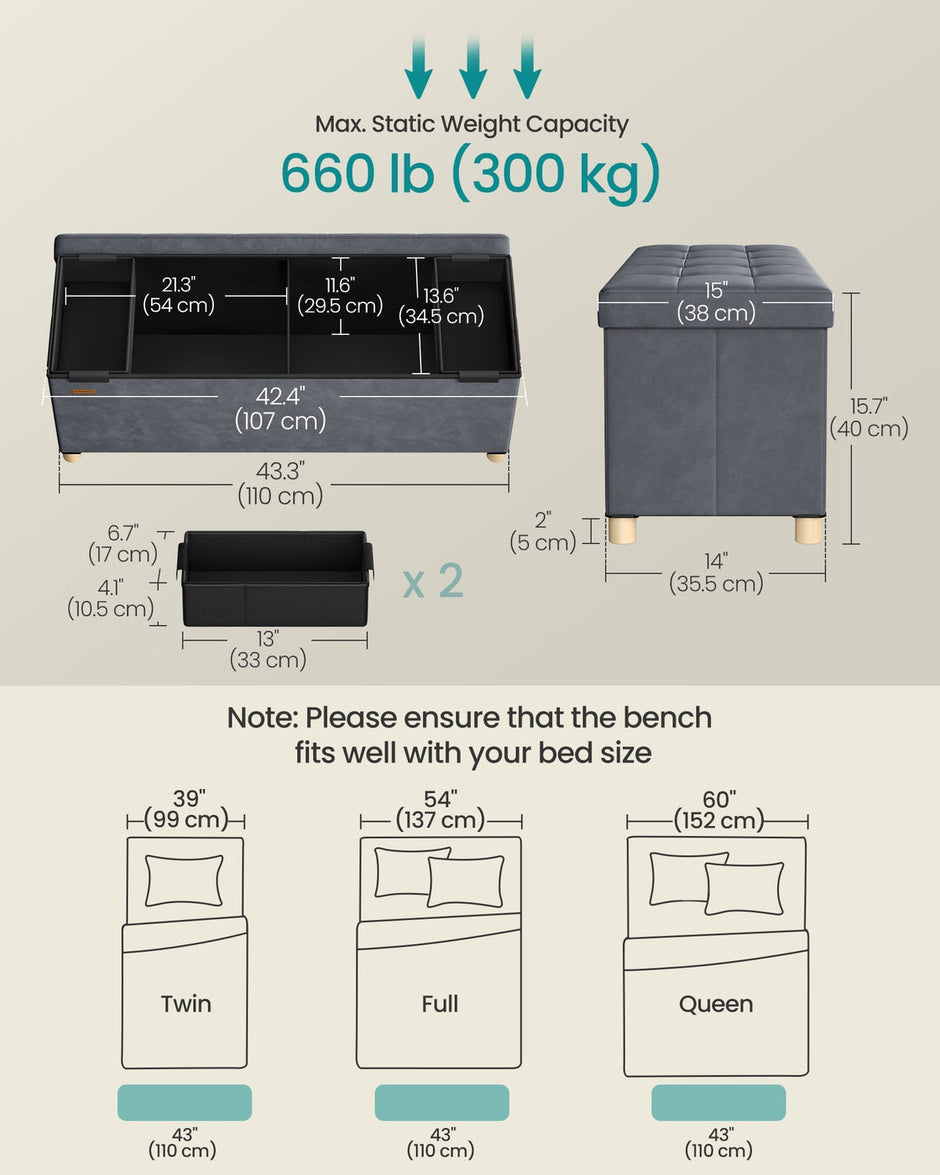 Storage Ottoman – Velvet – Slate Grey – Folding Design with Lid and 112 L Capacity