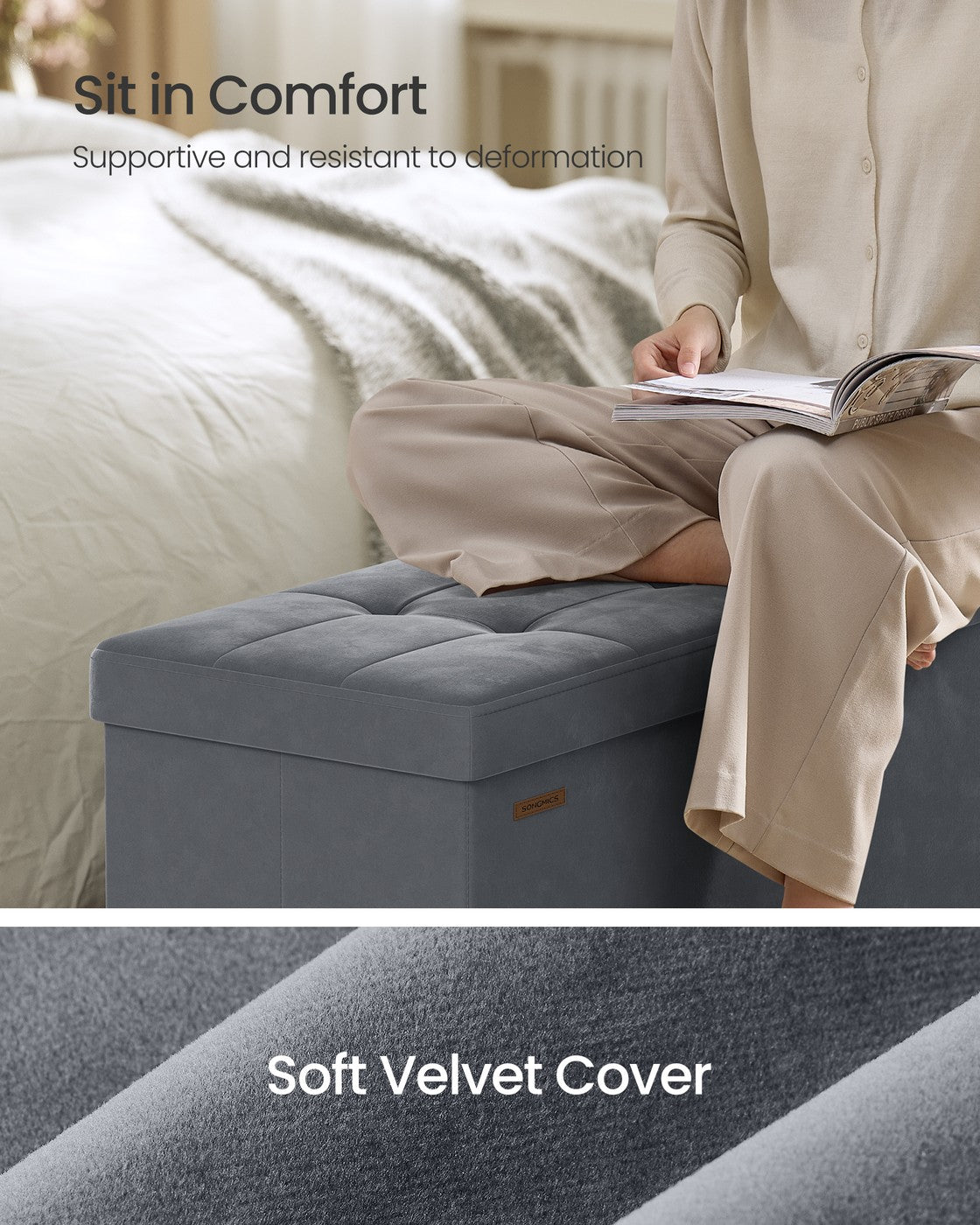 Storage Ottoman – Velvet – Slate Grey – Folding Design with Lid and 112 L Capacity
