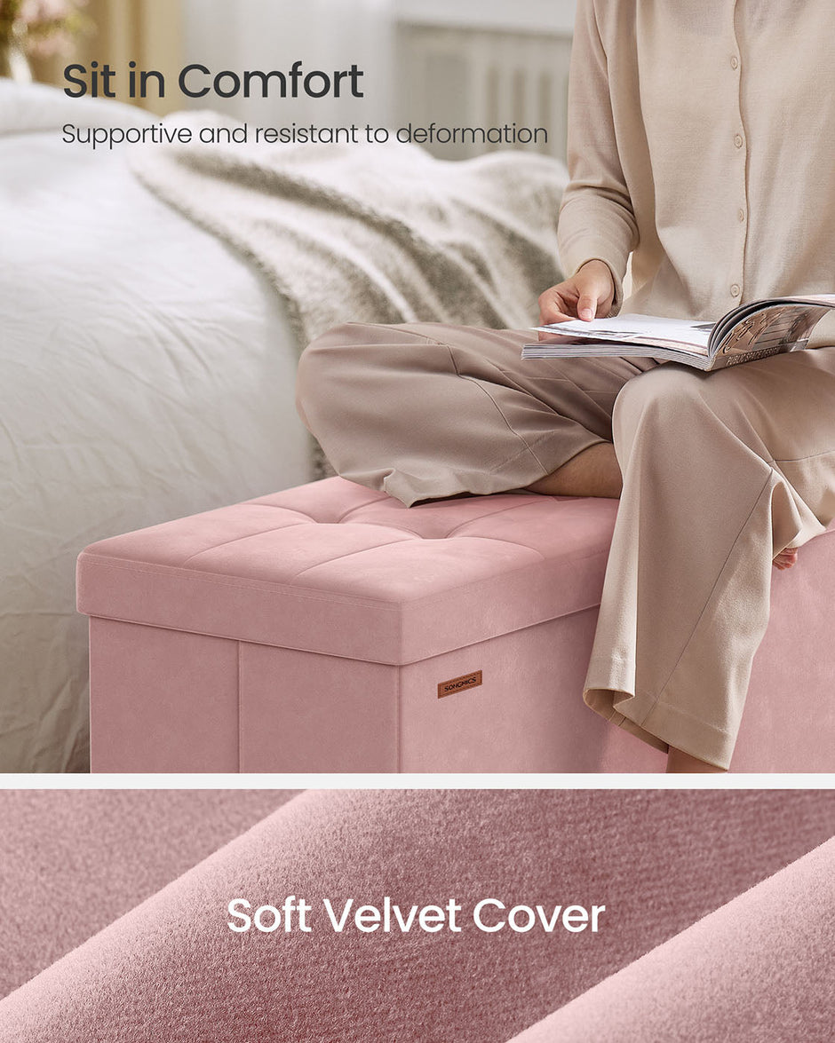 Storage Ottoman – Velvet – Jelly Pink – Folding Design with Lid, 112 L Capacity