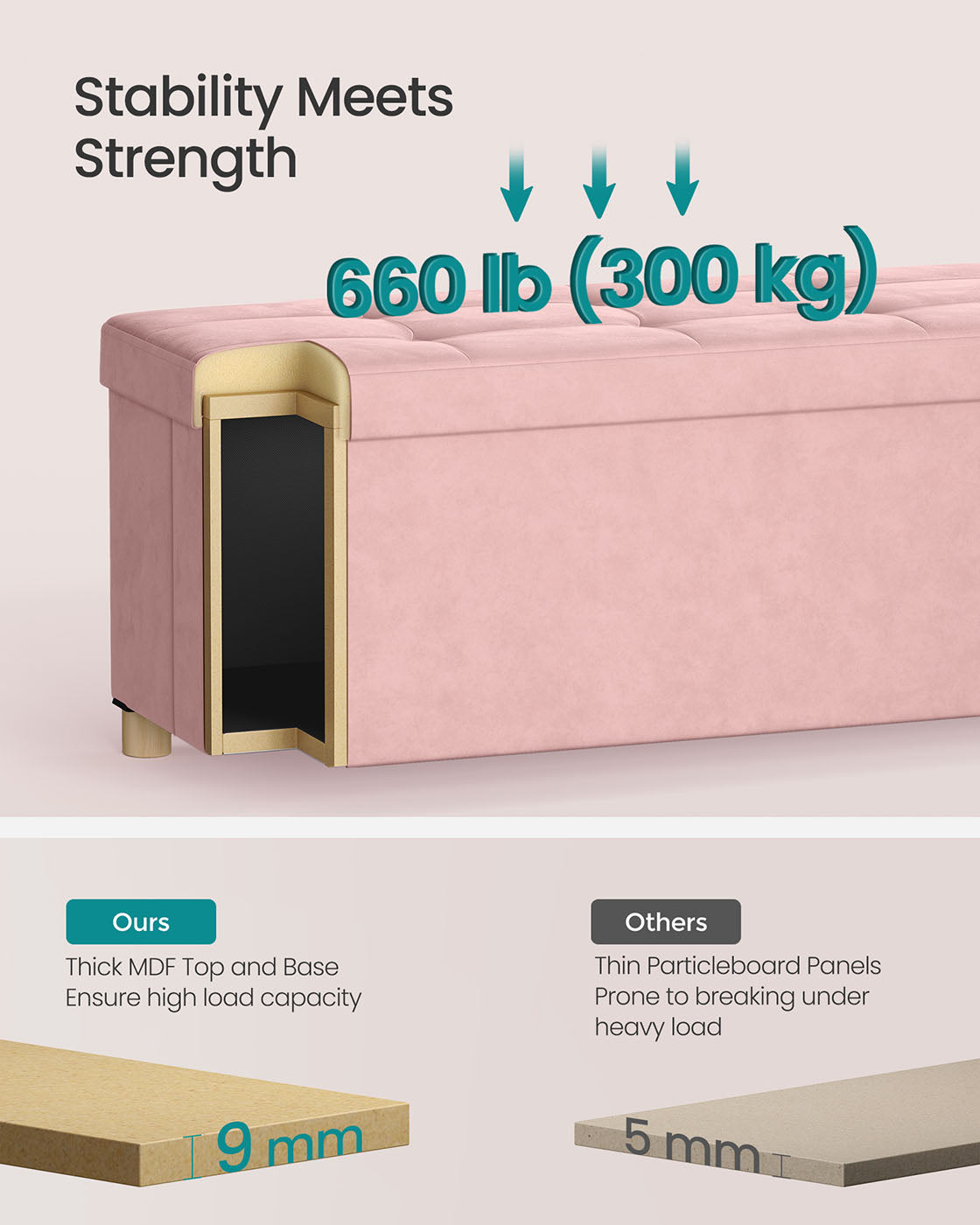Storage Ottoman – Velvet – Jelly Pink – Folding Design with Lid, 112 L Capacity