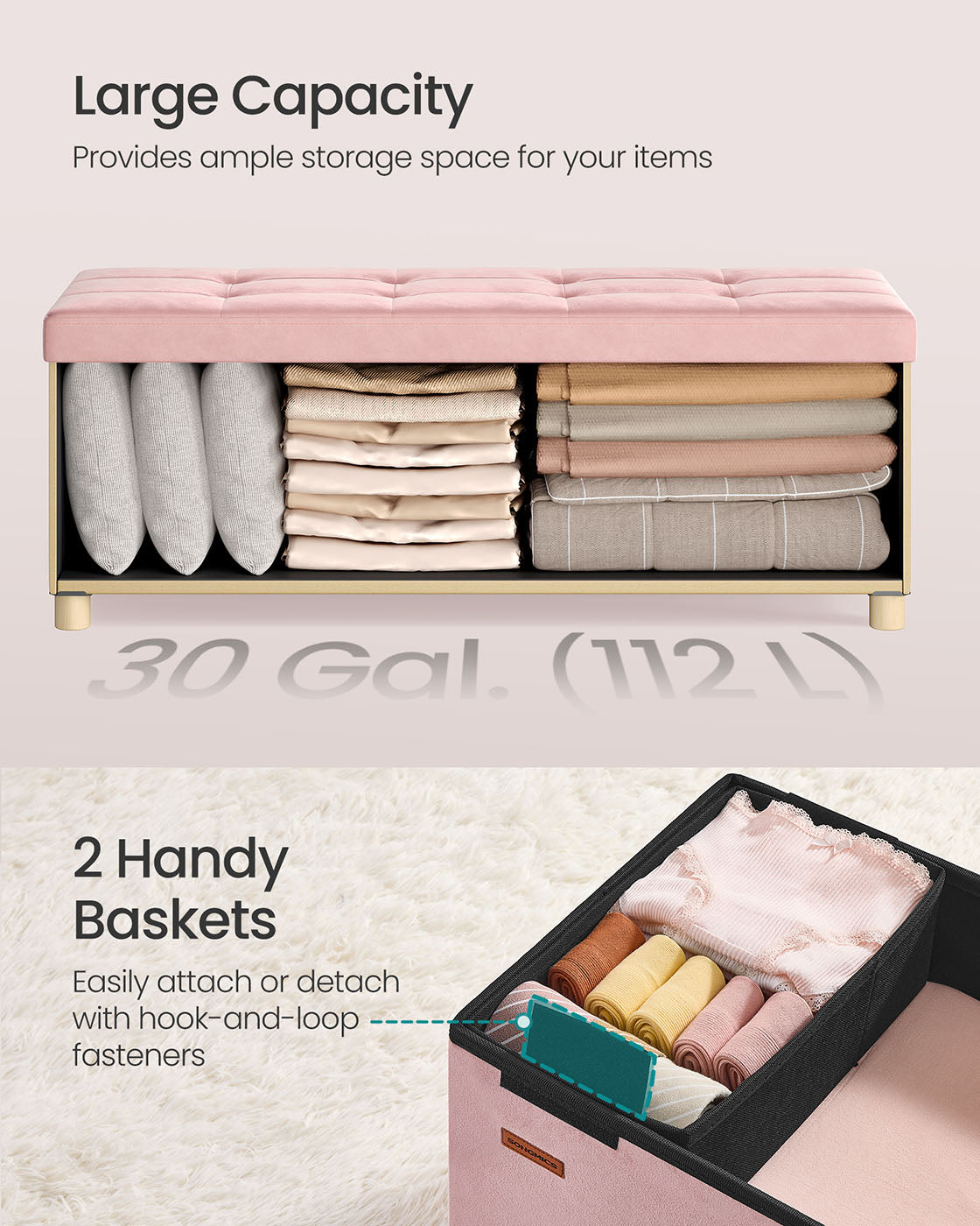 Storage Ottoman – Velvet – Jelly Pink – Folding Design with Lid, 112 L Capacity