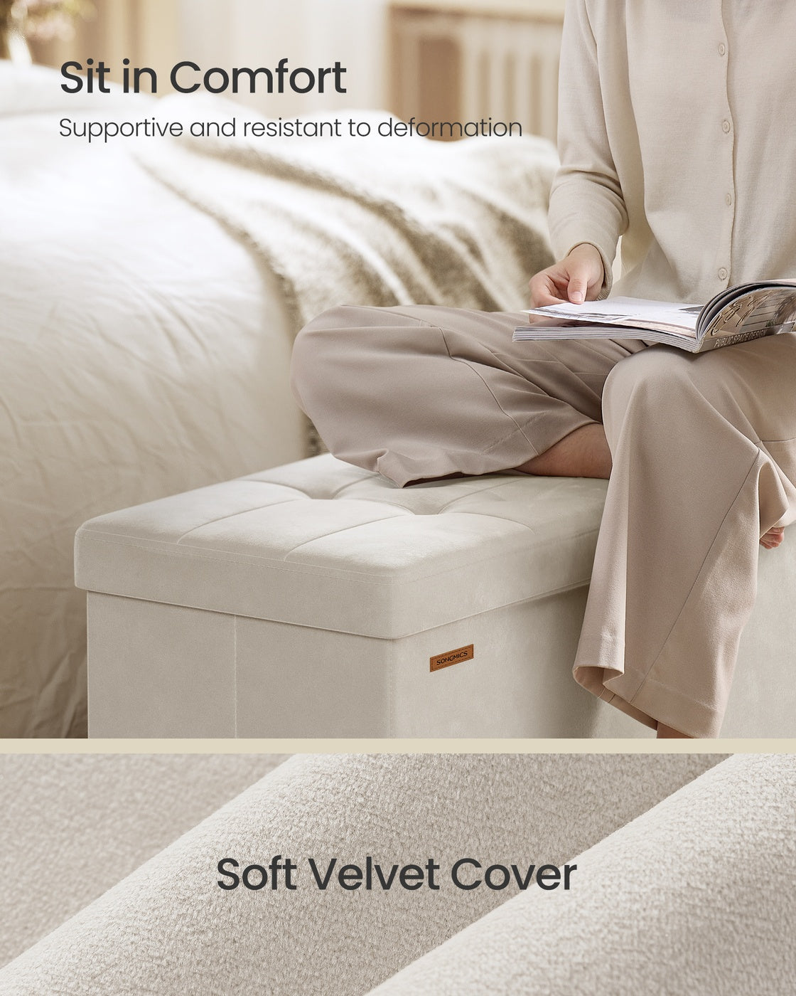 Foldable Storage Ottoman – Velvet – Cappuccino Beige – 112 L Capacity with Lid