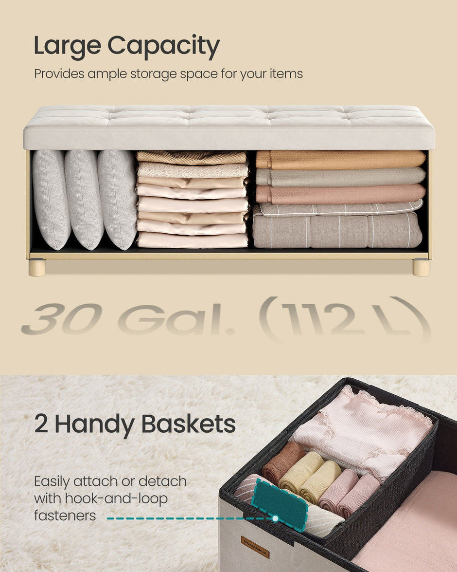 Storage Ottoman – Velvet – Cappuccino Beige – Folding Design with Lid, 112 L Capacity