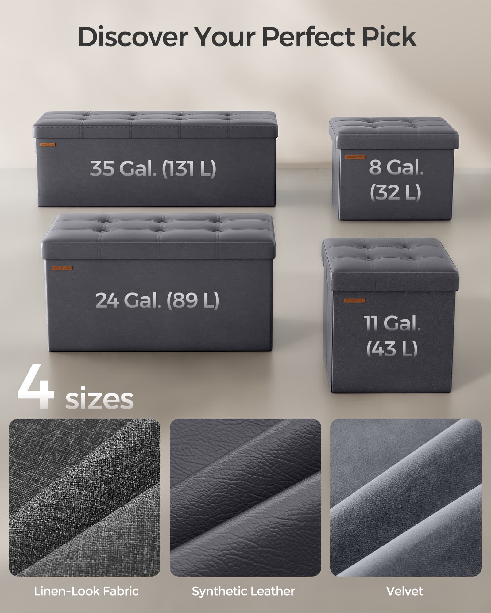 Storage Ottoman – Fabric – Dark Grey – Foldable with Storage, 110 cm
