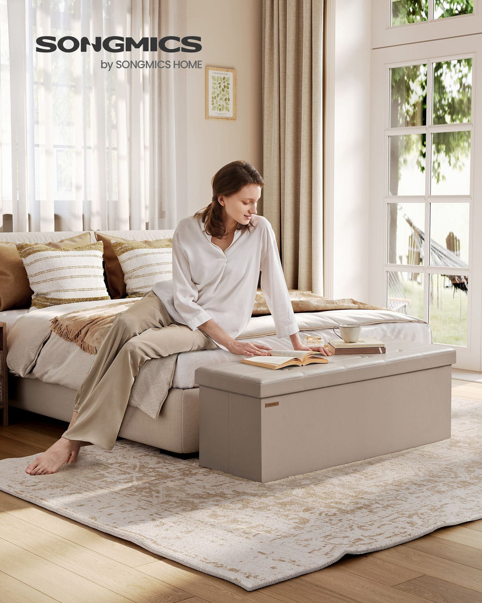 Foldable Storage Ottoman – Fabric – Camel Brown – Multi-Functional Foot Rest with Storage