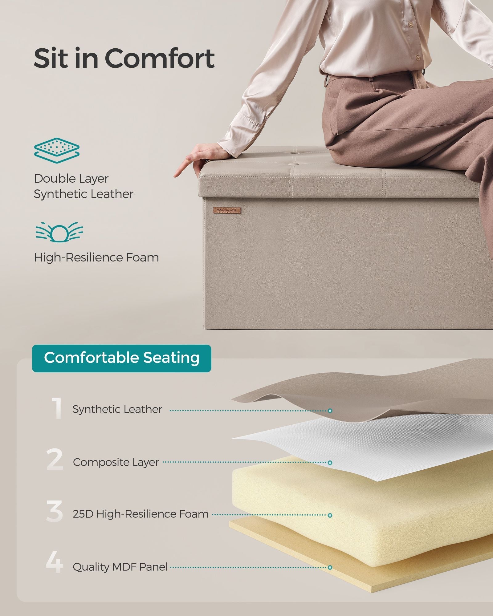 Foldable Storage Ottoman – Fabric – Camel Brown – Multi-Functional Foot Rest with Storage