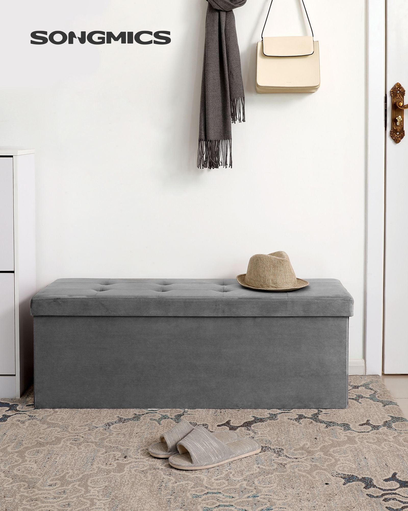 Folding Storage Ottoman – Velveteen – Grey – 120L Capacity Footstool and Shoe Bench