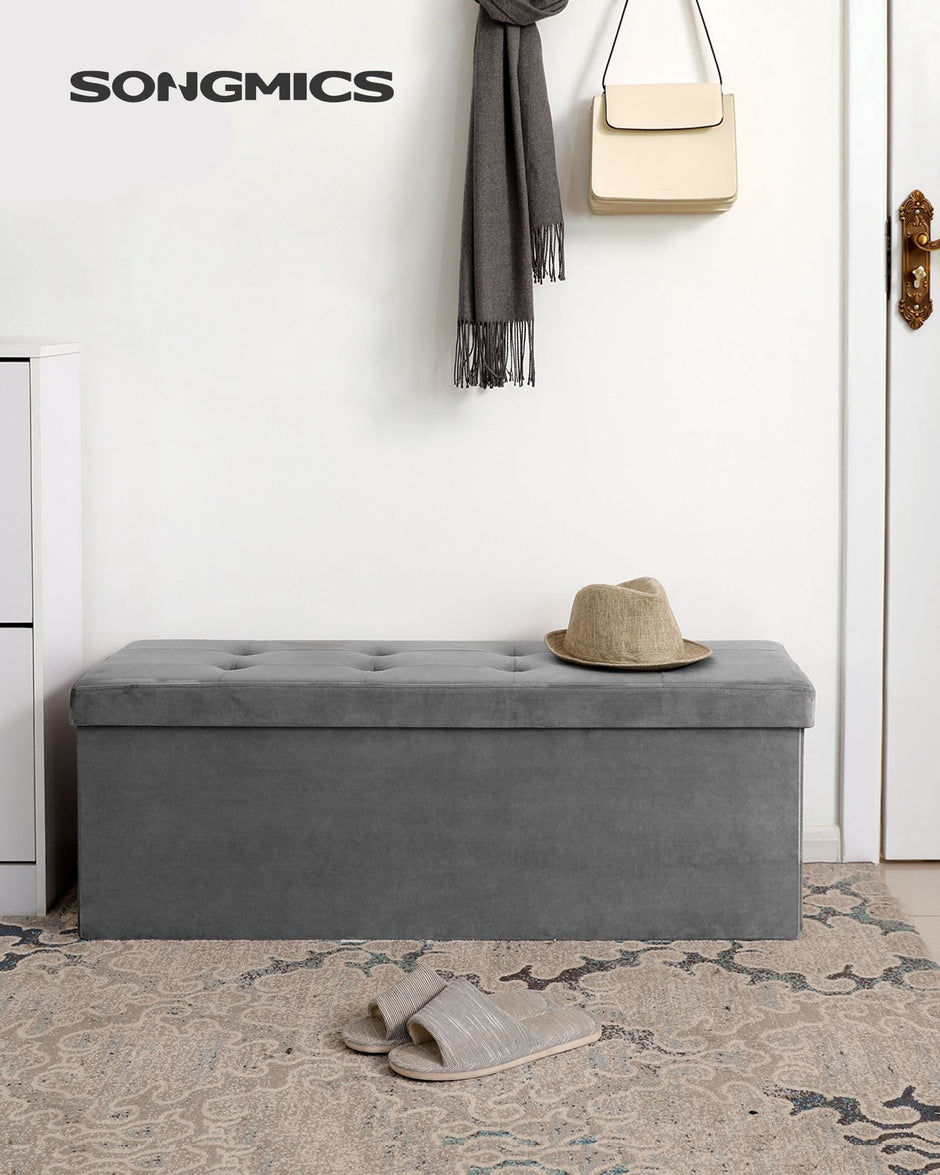Folding Storage Ottoman – Velveteen – Grey – 120L Capacity Footstool and Shoe Bench
