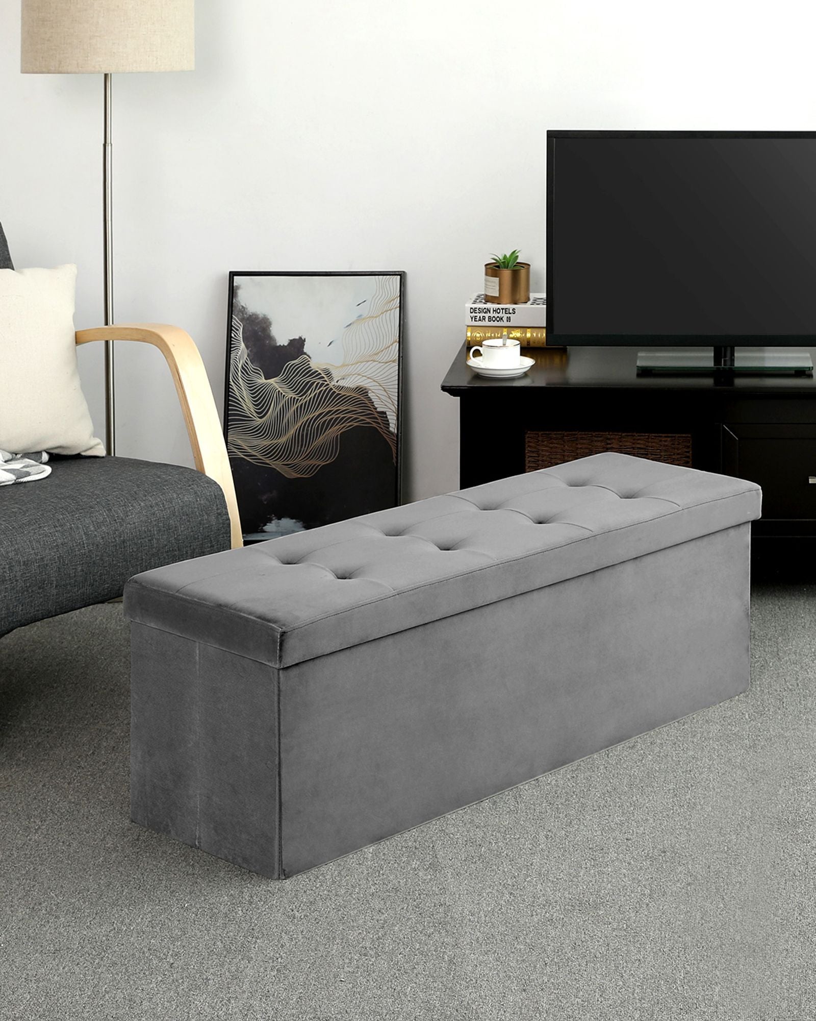 Folding Storage Ottoman – Velveteen – Grey – 120L Capacity Footstool and Shoe Bench
