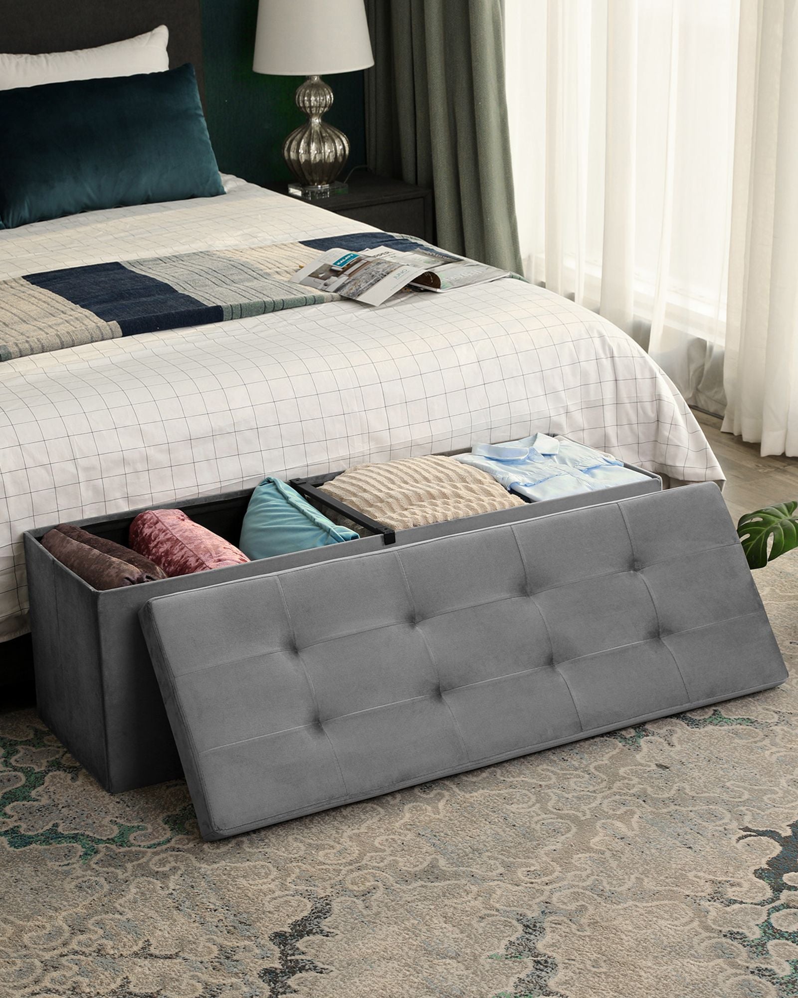 Folding Storage Ottoman – Velveteen – Grey – 120L Capacity Footstool and Shoe Bench