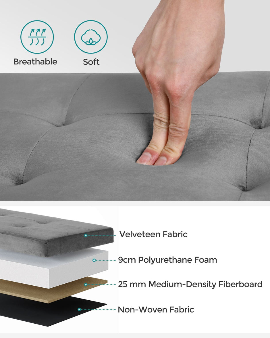 Folding Storage Ottoman – Velveteen – Grey – 120L Capacity Footstool and Shoe Bench