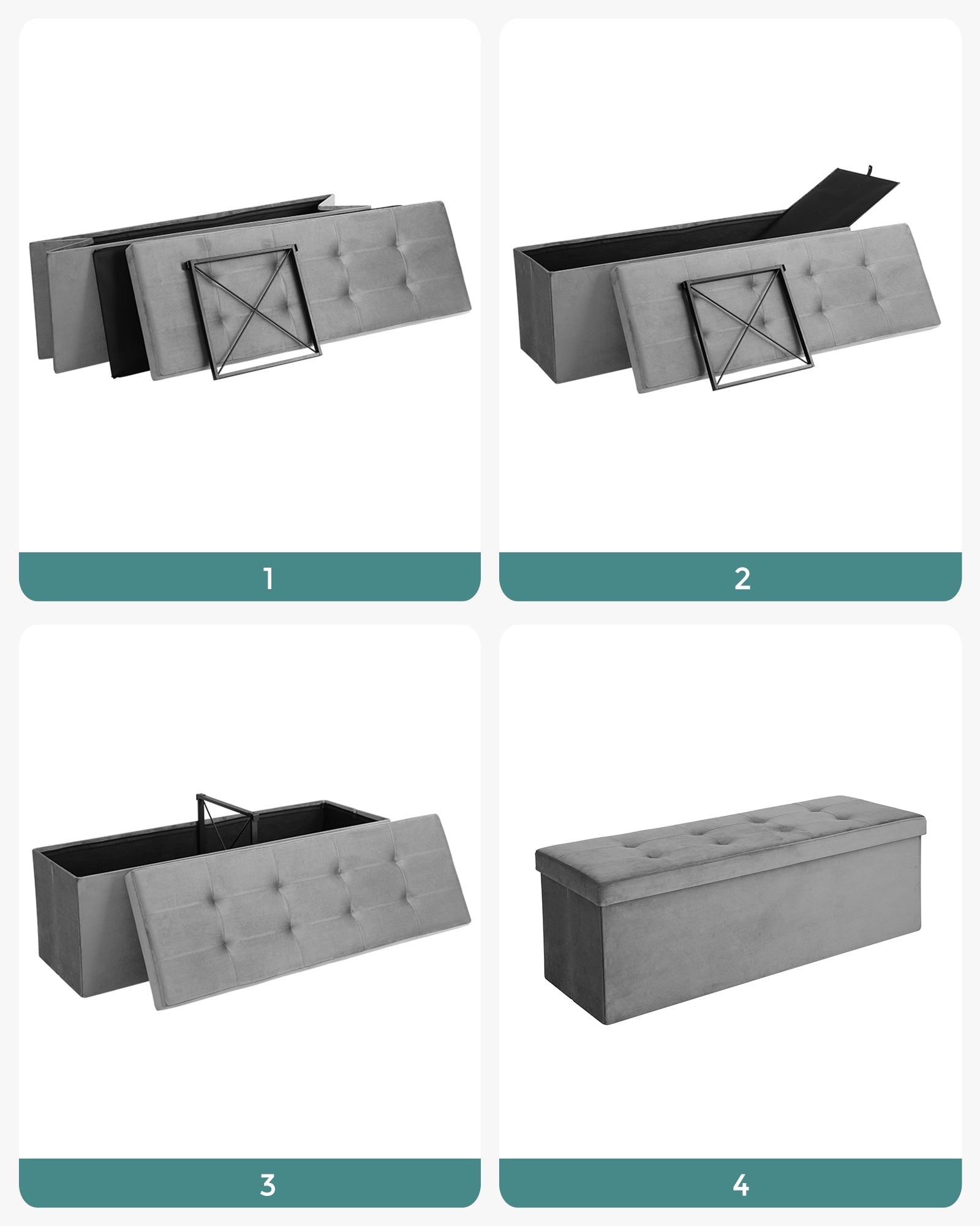 Folding Storage Ottoman – Velveteen – Grey – 120L Capacity Footstool and Shoe Bench
