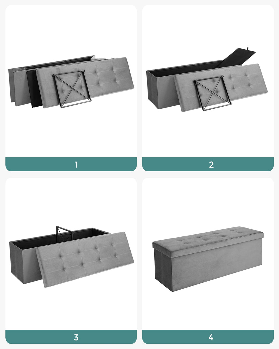 Folding Storage Ottoman – Velveteen – Grey – 120L Capacity Footstool and Shoe Bench