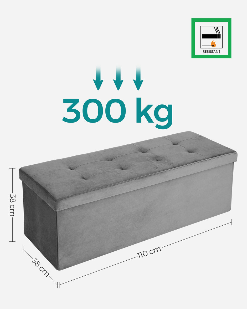 Folding Storage Ottoman – Velveteen – Grey – 120L Capacity Footstool and Shoe Bench